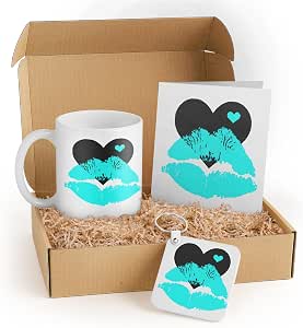 3dRose Romantic Gift Set – Mug, Keychain, and Card – Turquoise Lips and Black Heart