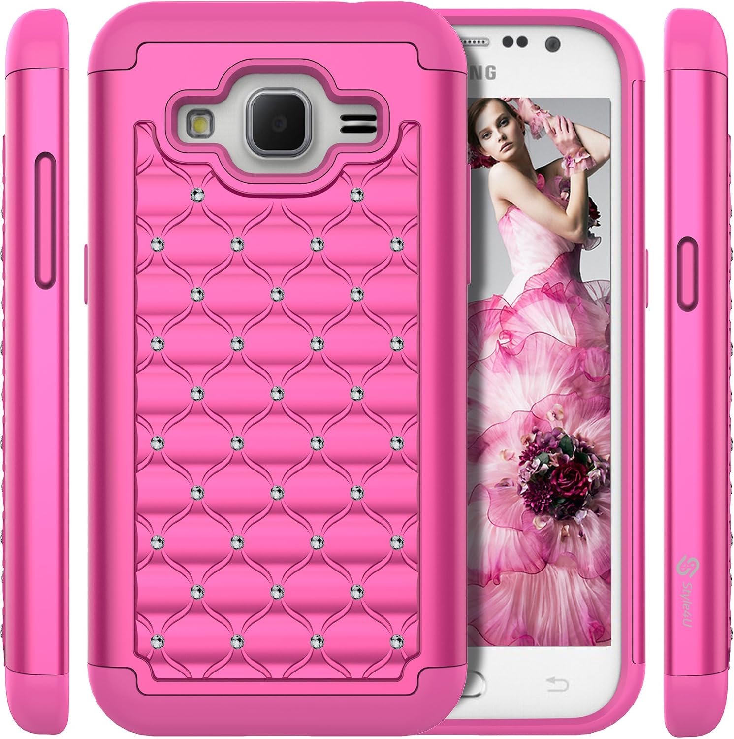 Style4U Galaxy Core Prime Case, Studded Rhinestone Crystal Bling Hybrid Armor Case Cover for Samsung Galaxy Core Prime G360 with 1 Stylus [Hot Pink/Hot Pink]
