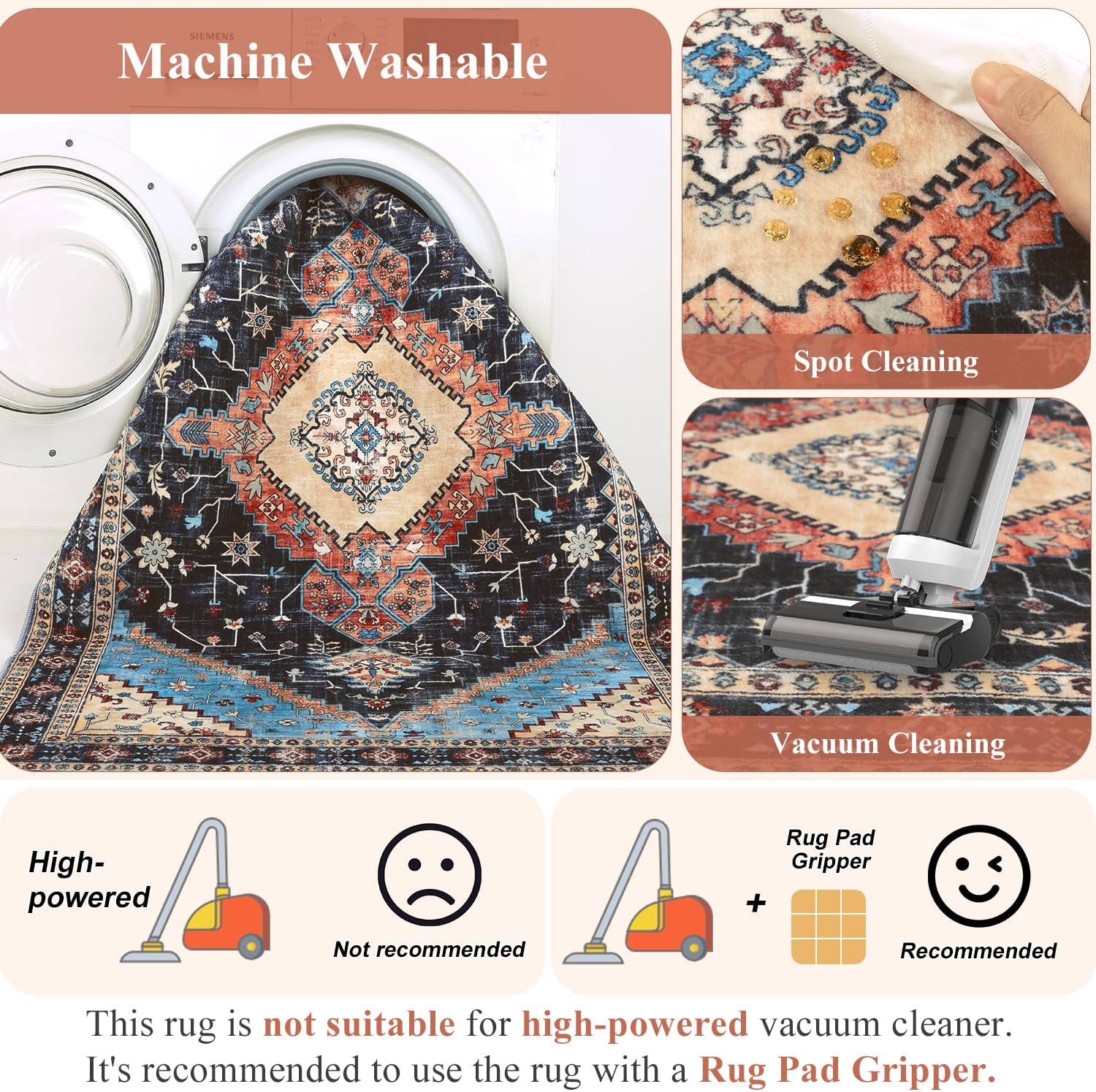 Yamaziot Washable Area Rugs 5x7 – Non Slip Boho Vintage Rug for Bedroom, Low Pile Floor Carpet Soft Distressed Rug for Living Room, Bedroom, Dining Room, Black Navy Blue