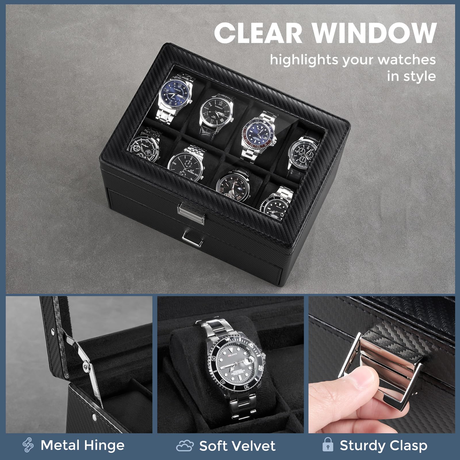 Caja para Relojes para Hombre, Organizador de Joyas con cajón, Estuche de exhibición con Tapa de Cristal - Totalmente Negro, 16 Ranuras