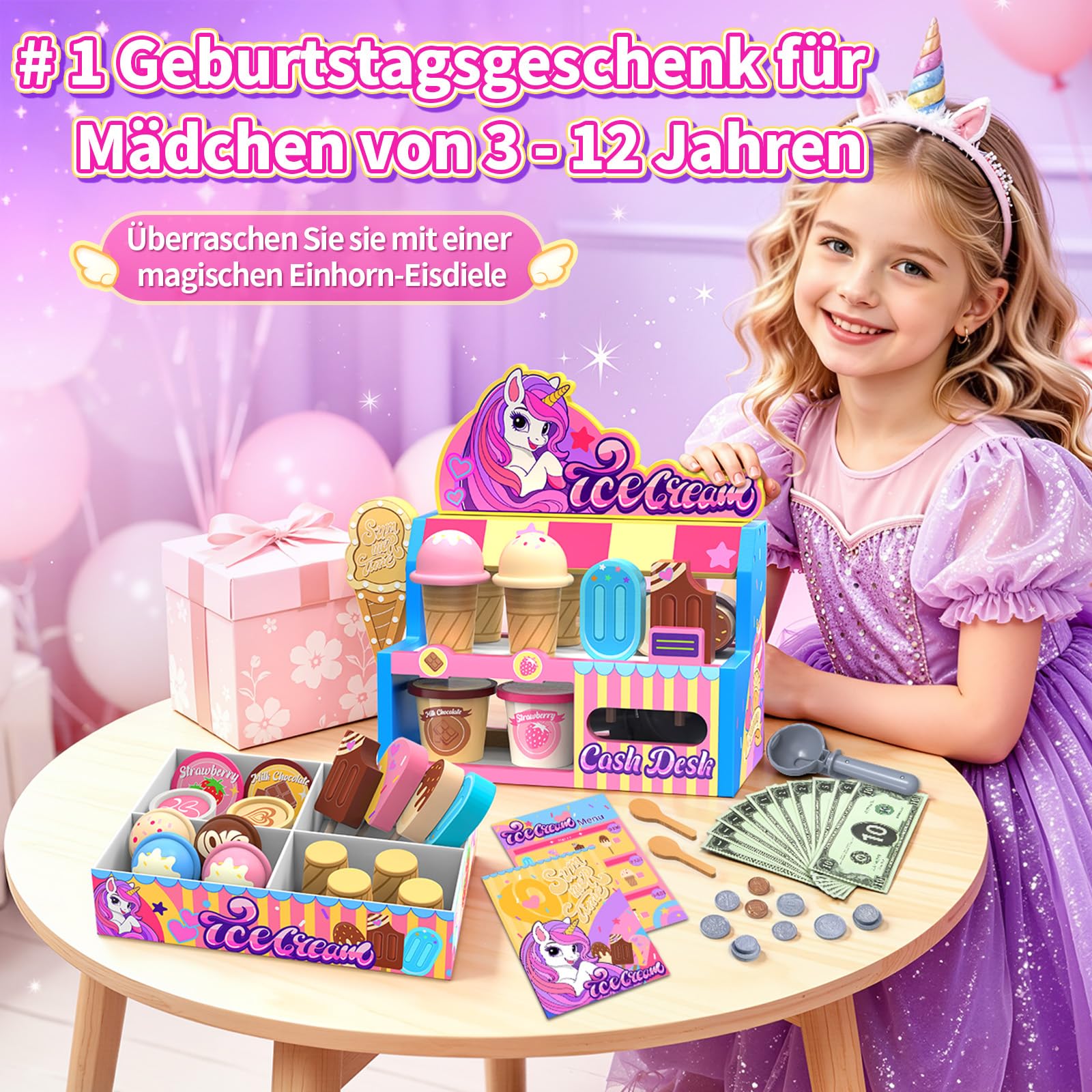 Einhorn Eisdiele Kinder Holz,Eiswagen Spielzeug für Mädchen 3 4 5 6 7 8 9 10 11 12 Jahre,Eiscreme Rollenspiel Set mit Eistheke,Speisekarte,Eisportionierer & Spielgeld,Geschenk für Mädchen 3-12 Jahre