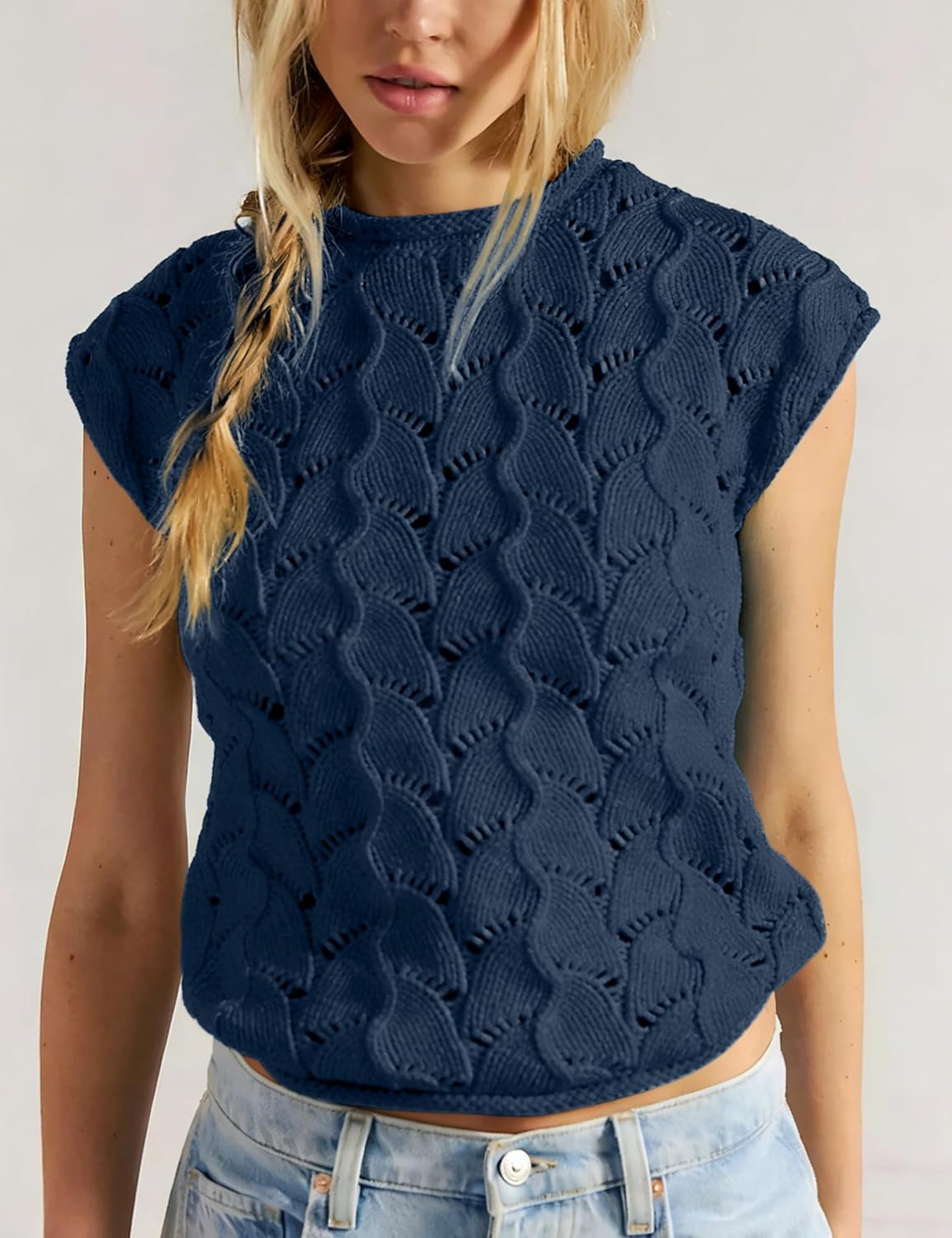 Women Casual Crochet Knit Tank Tops Cap Sleeve Mock Neck Vest Summer Cropped Blouse