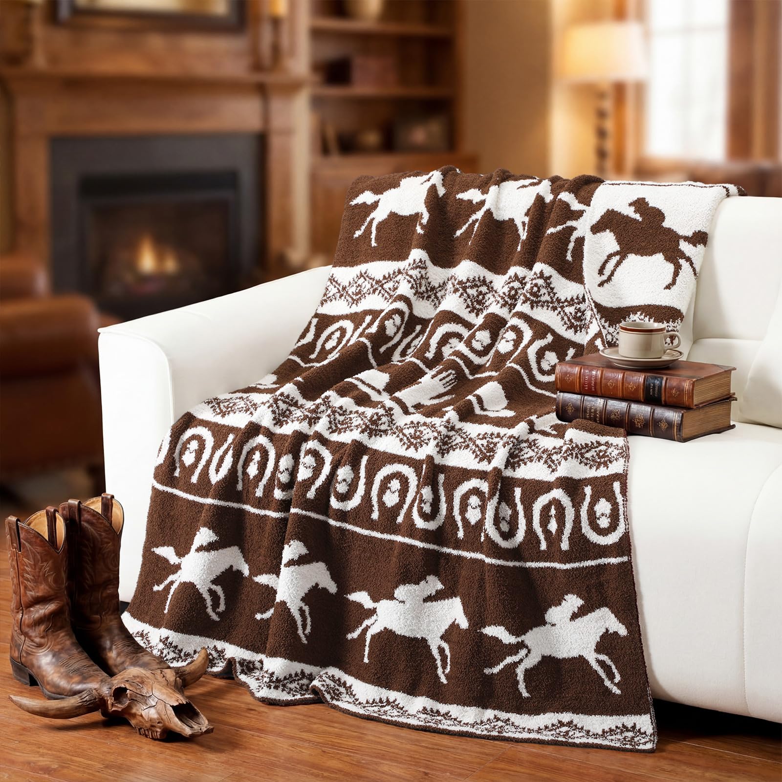 Buryeah Coperta reversibile in maglia rodeo occidentale 127 x 152 cm, stivali da cowboy con design di cactus, morbida e accogliente decorazione per caffè fattoria sud-occidentale regalo per divano