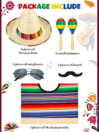 Miniatura 2 de Janmercy Conjunto de disfraz de Halloween para niños pequeños, incluye poncho de Halloween, sombrero de serape, sombrero de maracas, bigote y gafas