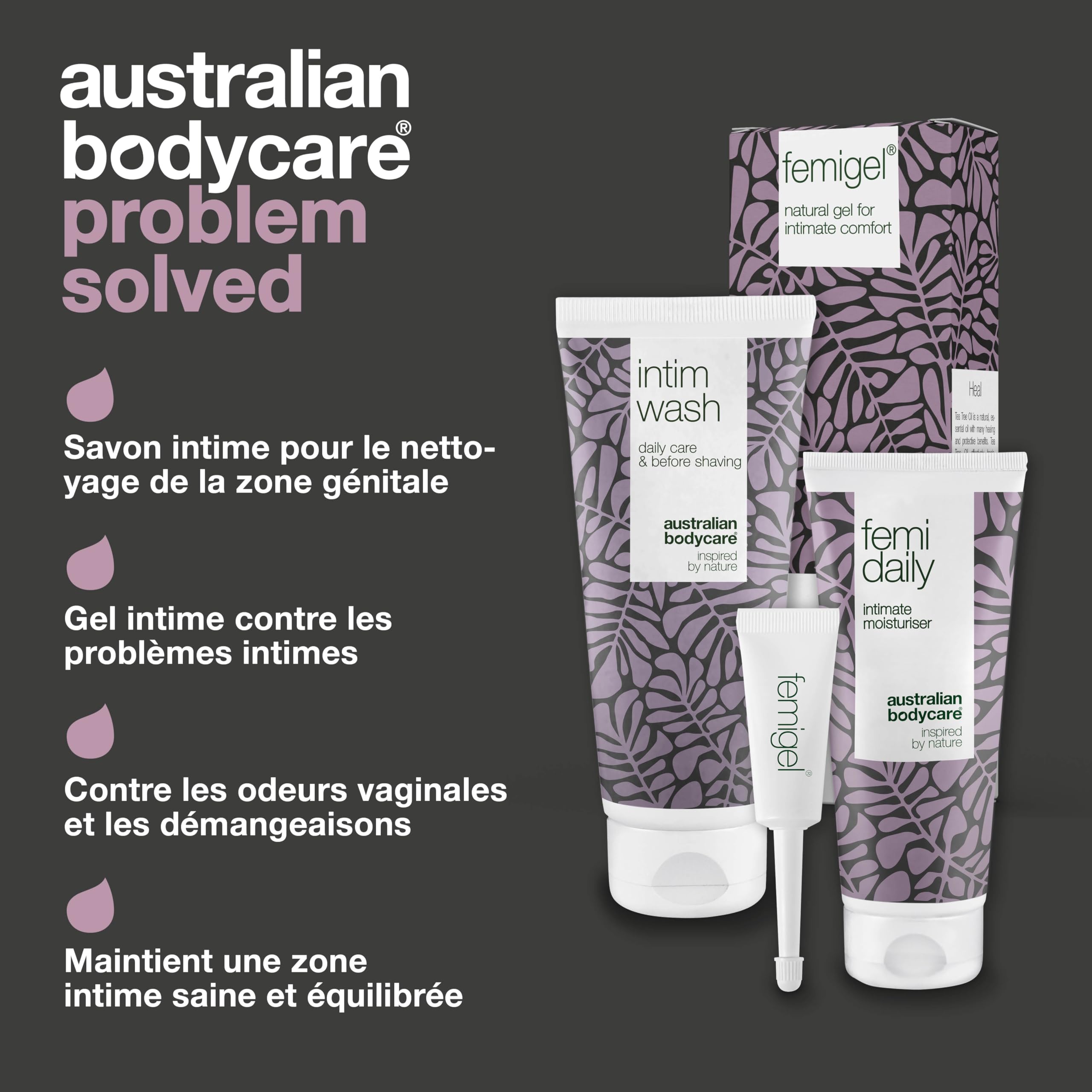 Kit pour soins intimes | 3 Produits pour Soins Intimes | Aide à Réduire la Sécheresse, les Démangeaisons et les Rougeurs | Comprend: Intim Wash (200ml), Femi Daily (100ml) et Femigel (5x5ml)
