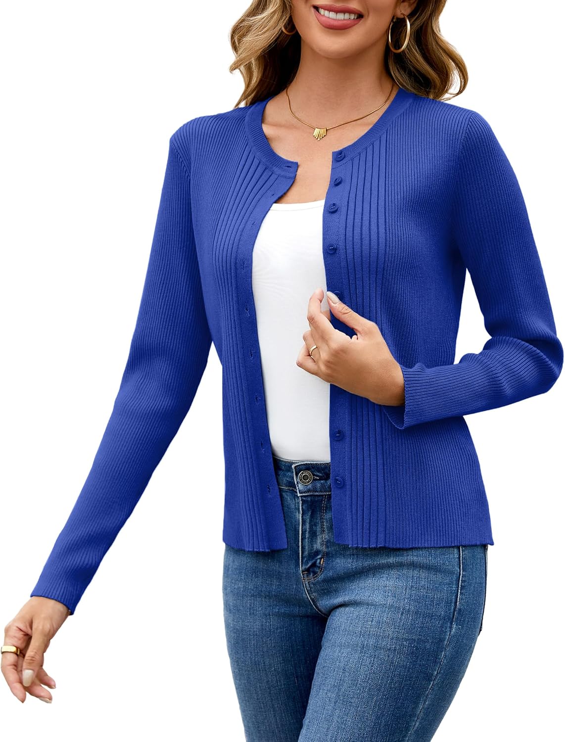 Totatuit Womens Button Down Cardigan Long Sleeve Casual Crewneck Knit Cardigans Sweater Tops - Image 3