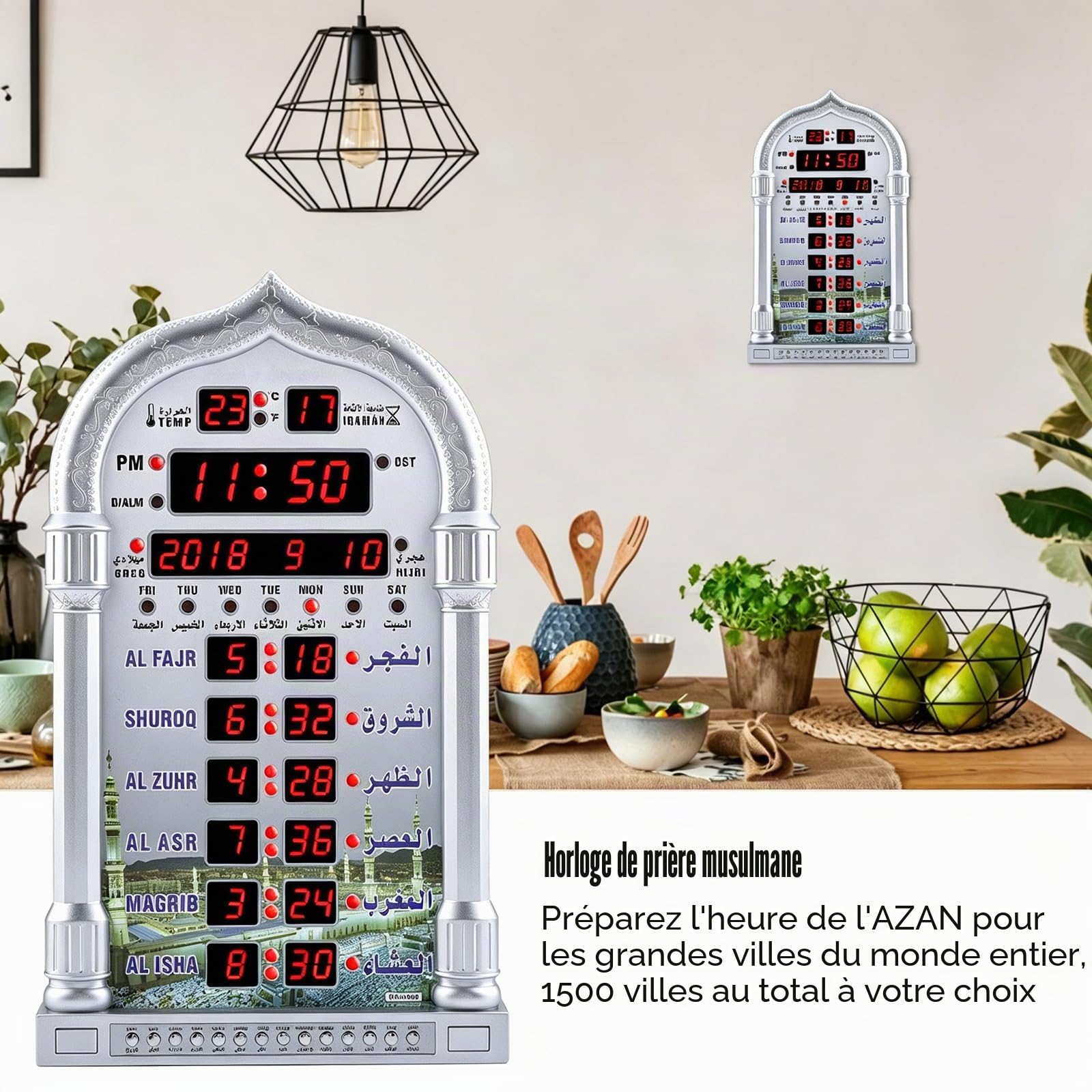 Fyearfly Musulmane Azan Horloge de Prière, Horloge de Prière Islamique Automatique LCD, Maison/Bureau/Mosquée, Horloge Décorative Digitale Murale/Bureau (Télécommande + Prise EU)