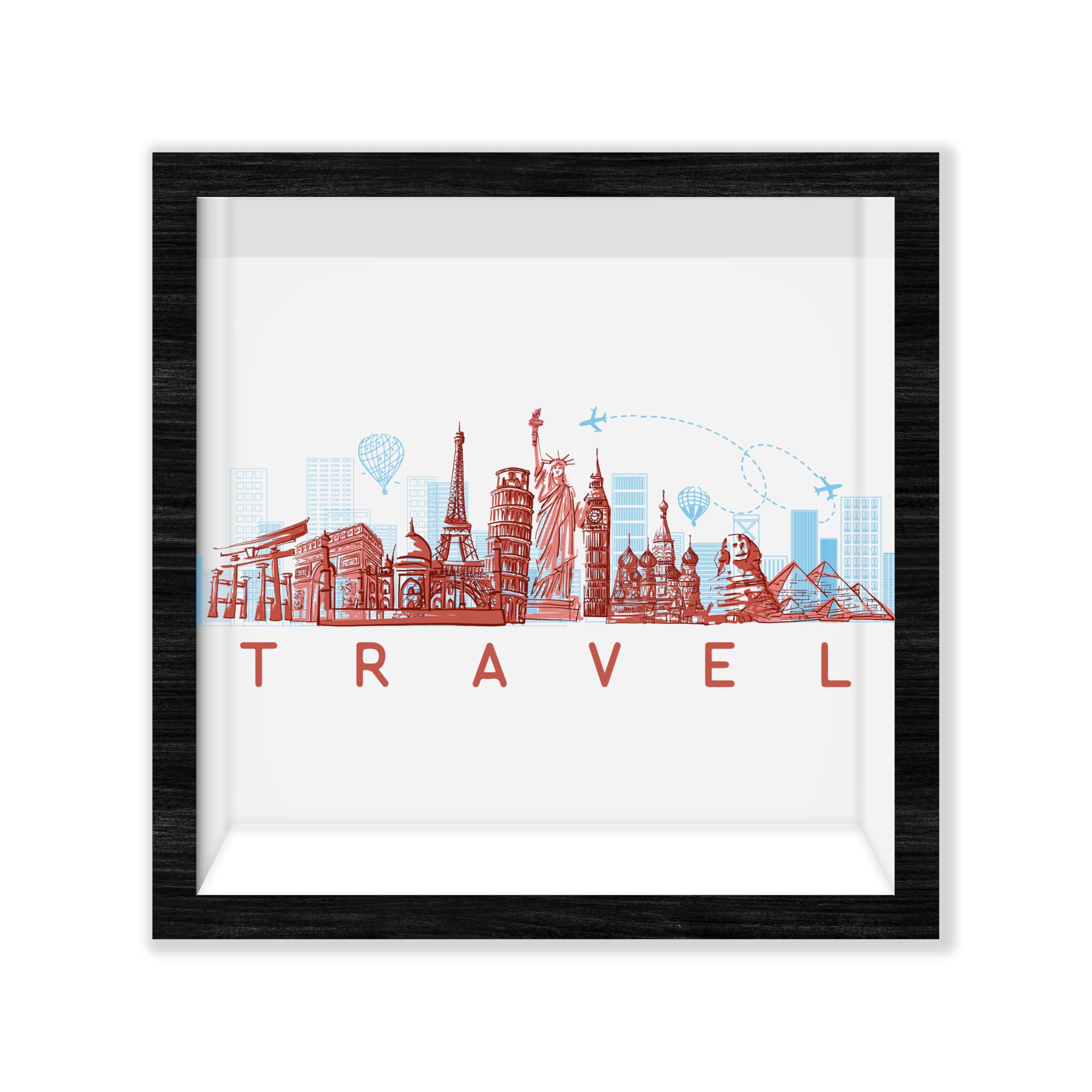 Black Travel Shadow Box Frame with Slot, Travel Theme Boxes Frames for Fund, 8x8 Memory Box for Keepsakes, Travel Gifts and Decorations, 25