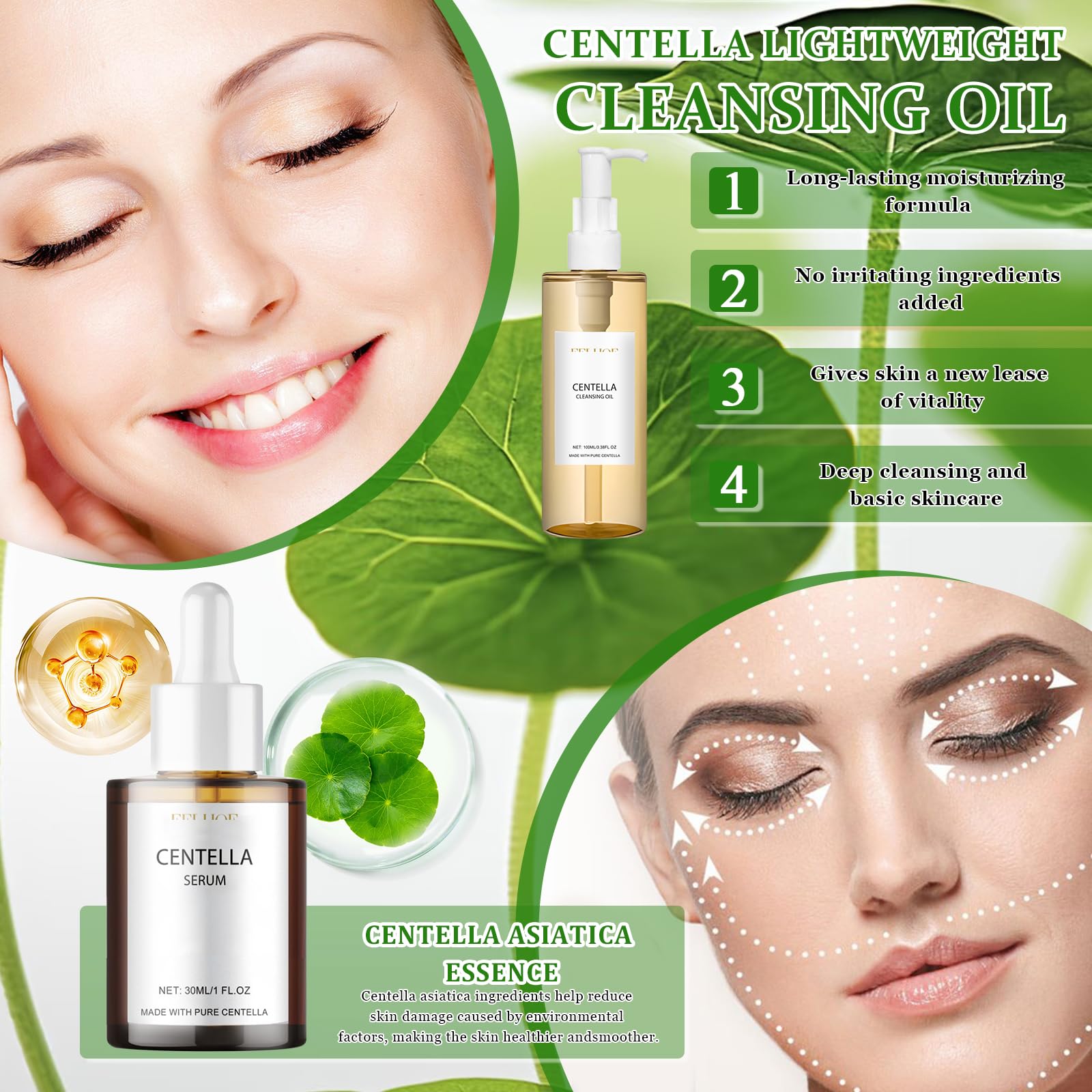 4 Pezzi Centella Kit, Centella Cleansing Oil + Centella Detergente Viso | Centella Siero Viso + Centella Stick Mask, Skincare Kit, Nutrire, Delicato e Leggero, per Pelli Sensibili