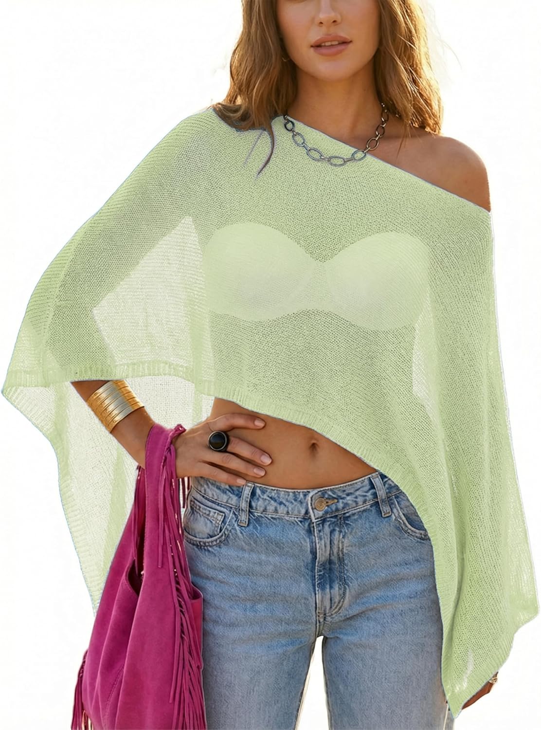 WeciBor Women's Sheer Poncho Tops Y2K Sparkly Knit Bolero Sweater Cover Up Beachwear for Beach Clothing