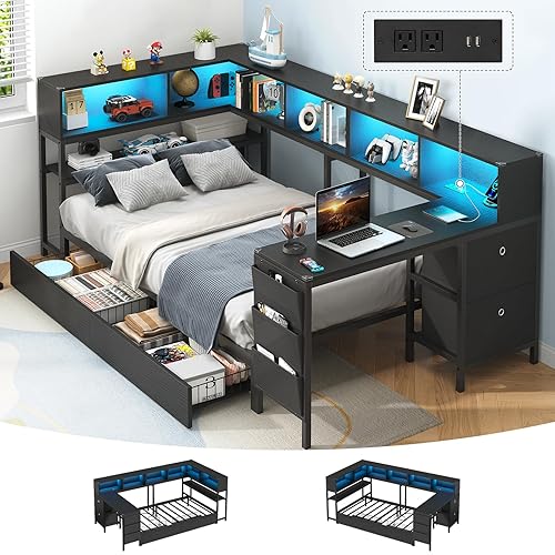 Hasuit Twin Corner Bed with Desk and Storage Bookcase, Daybed