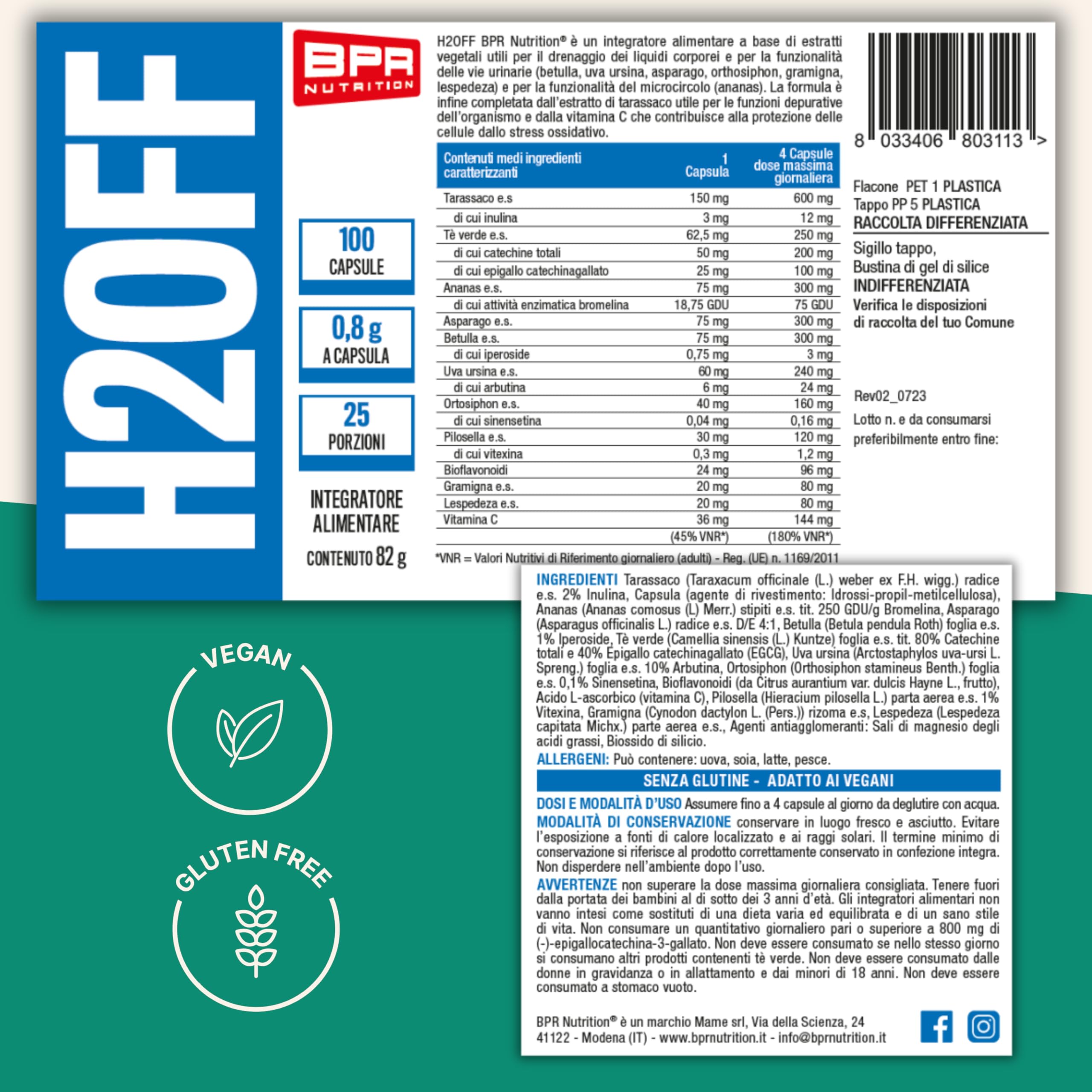 BPR Nutrition - H2OFF Drenante in capsule a base di estratti vegetali con funzione depurativa, drenante e antiossidante, favorisce il microcircolo e contrasta gli inestetismi della cellulite