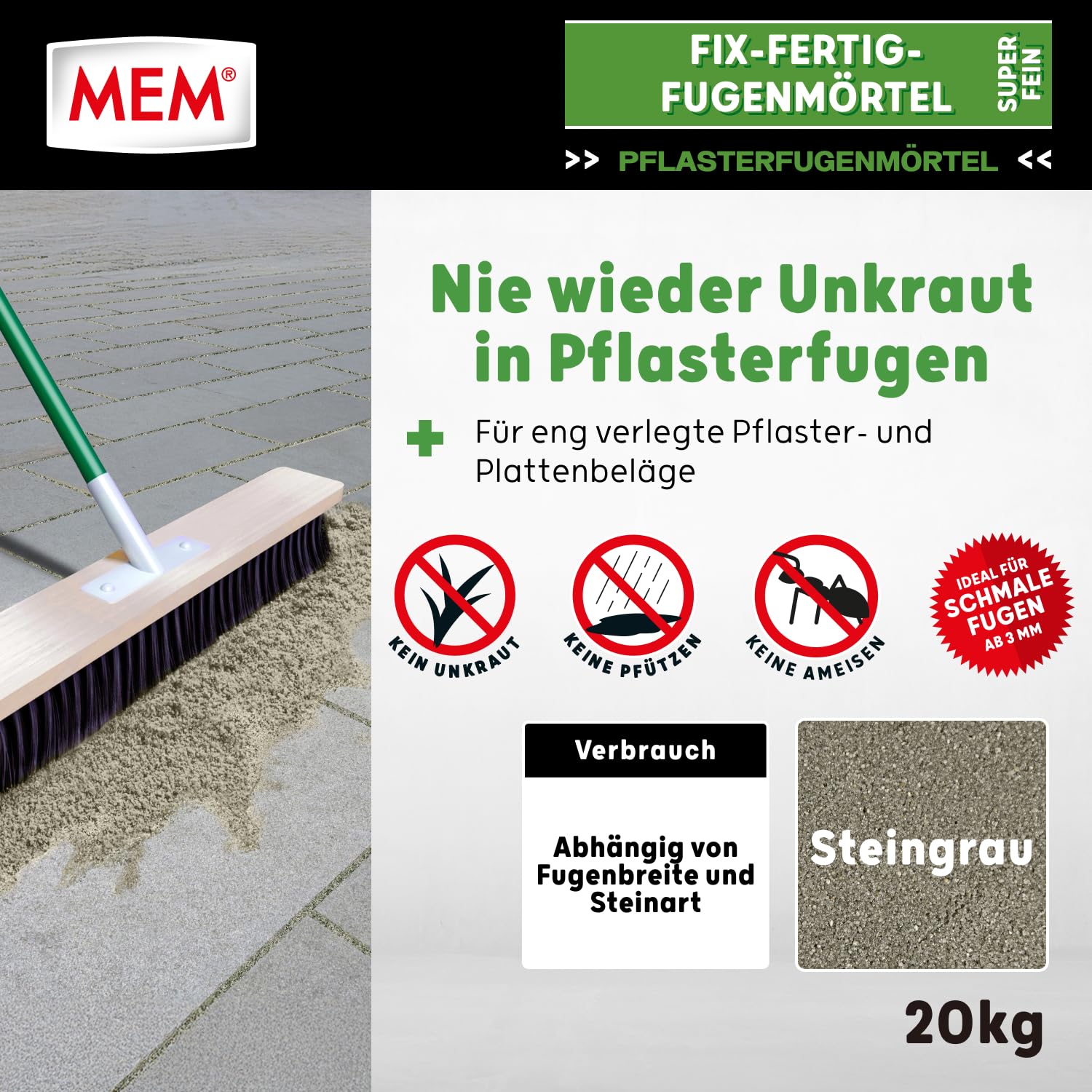 MEM Fix-Fertig-Fugenmörtel Fein Steingrau – 20 kg – Gebrauchsfertiger Pflasterfugenmörtel für Enge Fugen ab 3 mm – Frost- & Wetterbeständig – Für Naturstein, Beton, Klinker & Keramik