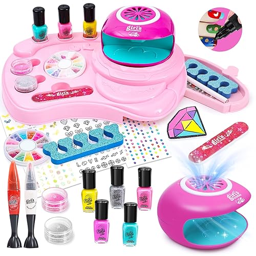 Kit de esmalte de uñas para niñas, juego de salón de arte de uñas con secador de uñas, kit de arte de uñas para niñas de 6 a 12 años, decoración de