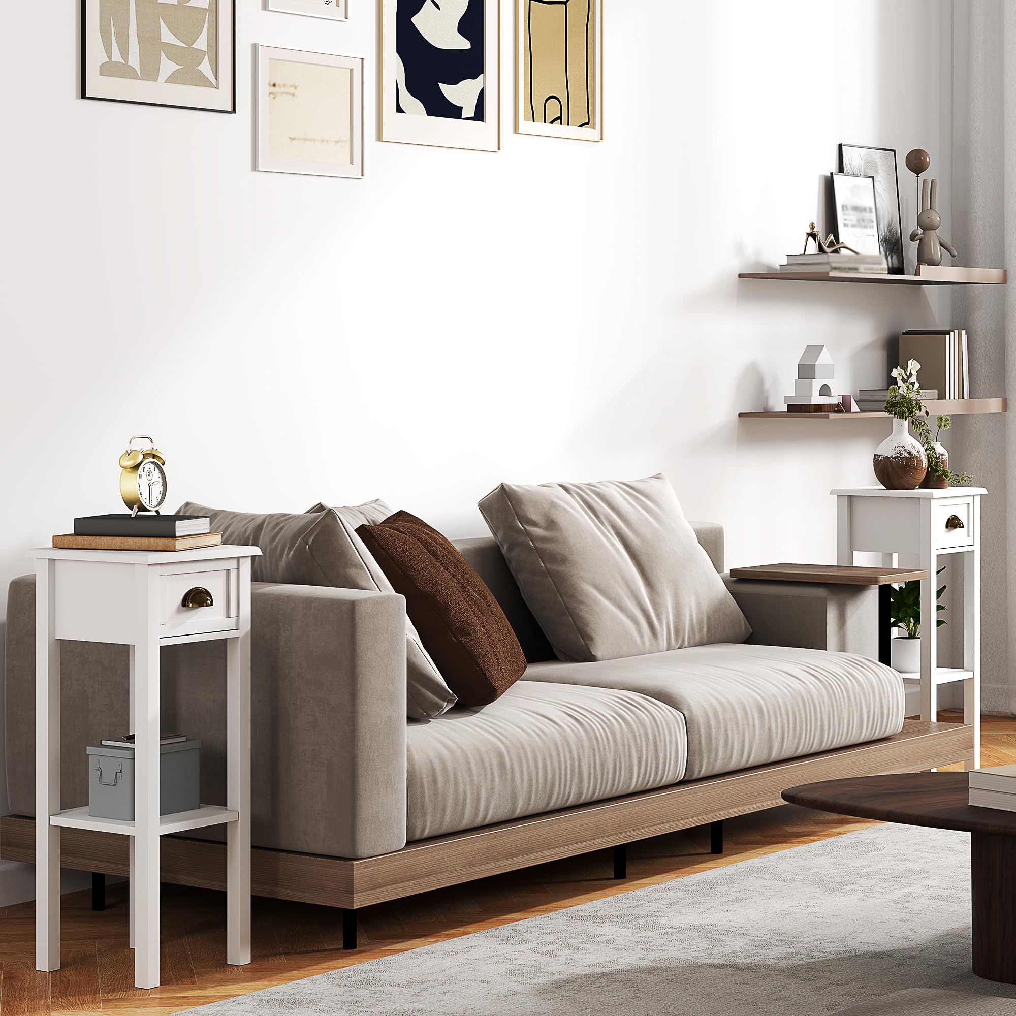 HOMCOM Juego de 2 Mesas Auxiliares Modernas, Mesas Auxiliares para Sofá, con Cajón y Estante, Mesitas de Noche para Salón, Dormitorio, 30x30x75 cm, Blanco