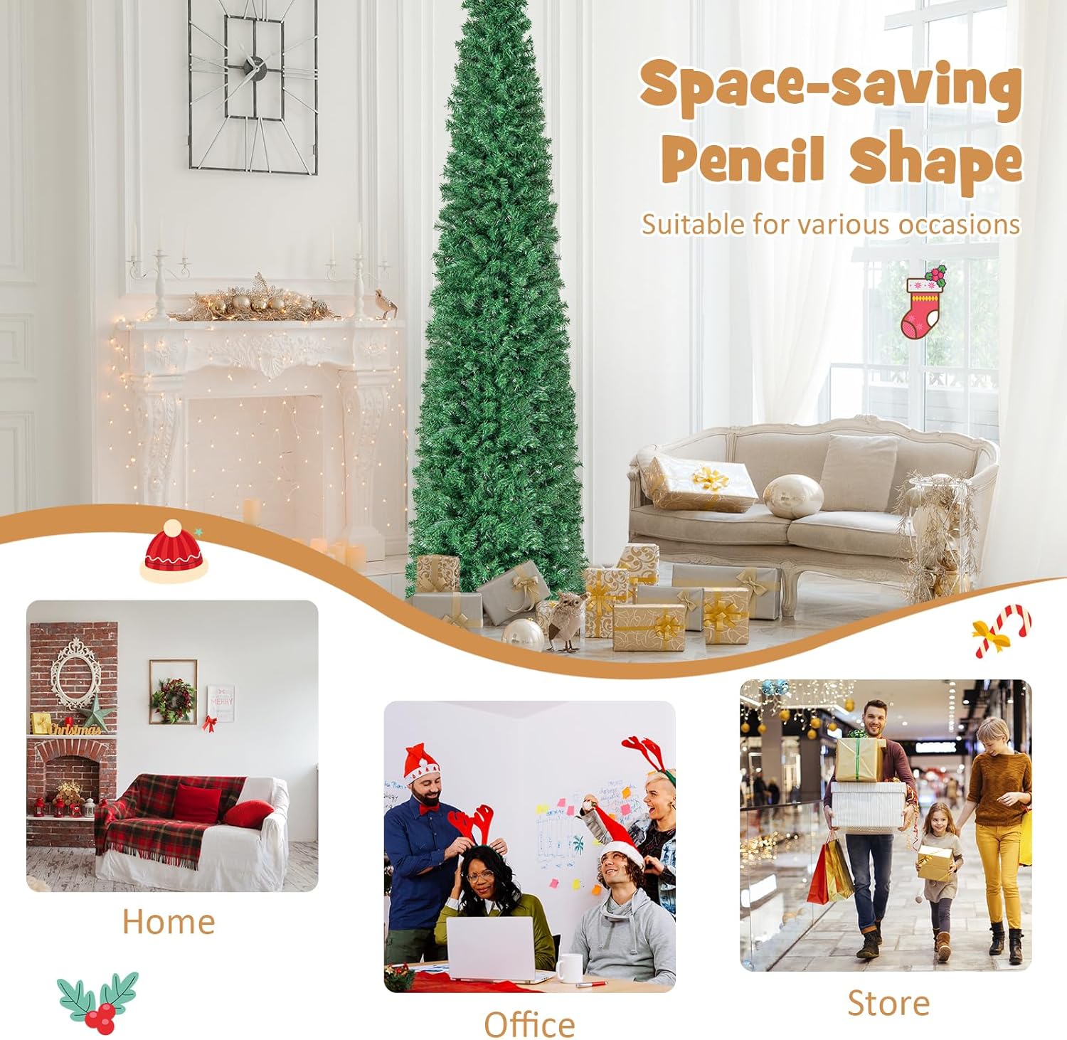 HAPPYGRILL 8 ft Fiber Optic Artificial Christmas Tree, Pre-lit Pencil Christmas Tree with 889 Branch Tips, Foldable Metal Stand, Fake Xmas Tree for Home Office Holiday Party Decoration