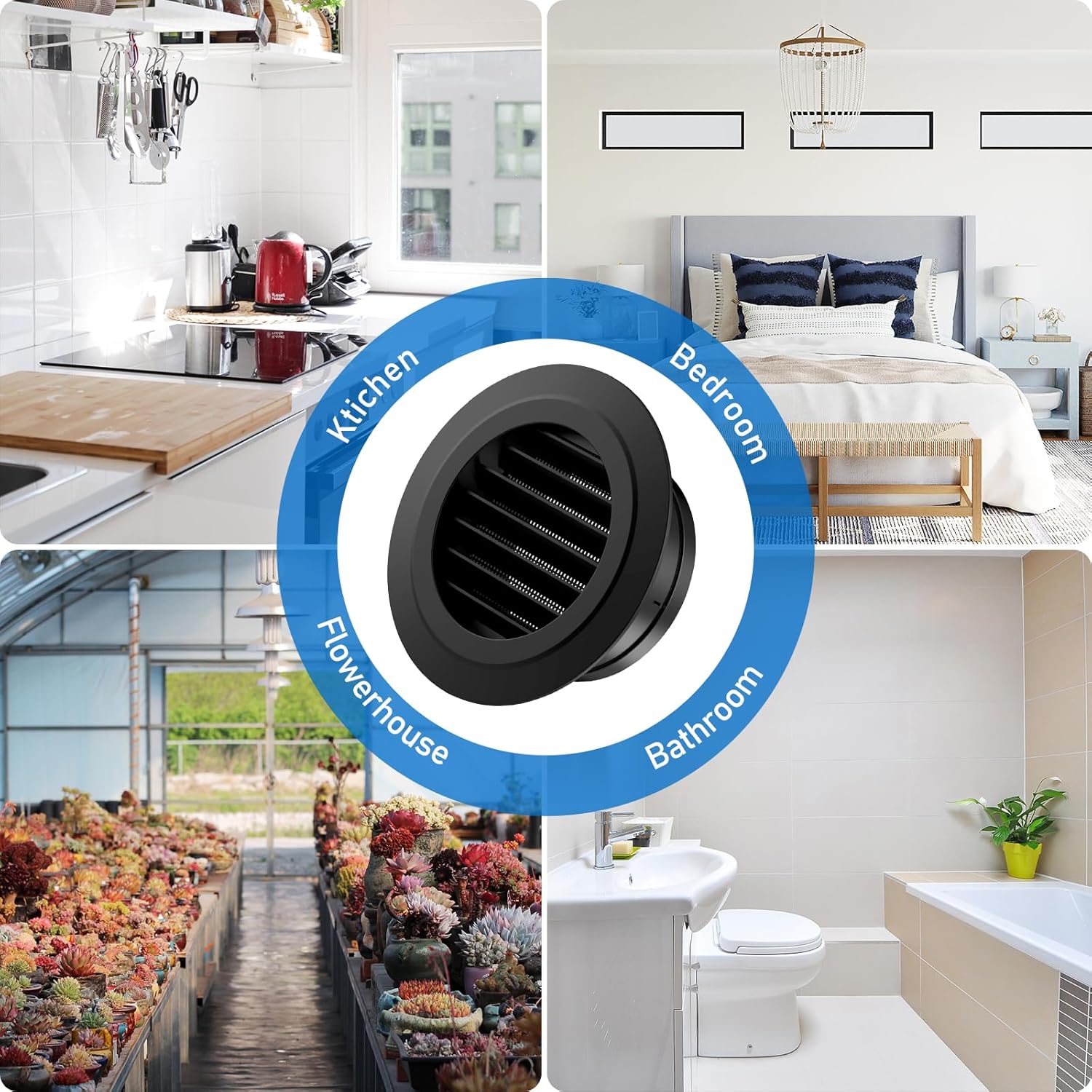 Hon&Guan 6 Inch Soffit Exhaust Vent, 6‘’ Round Air Vent Cover with Built-in a Fly Screen for Bathroom Office Home, Black