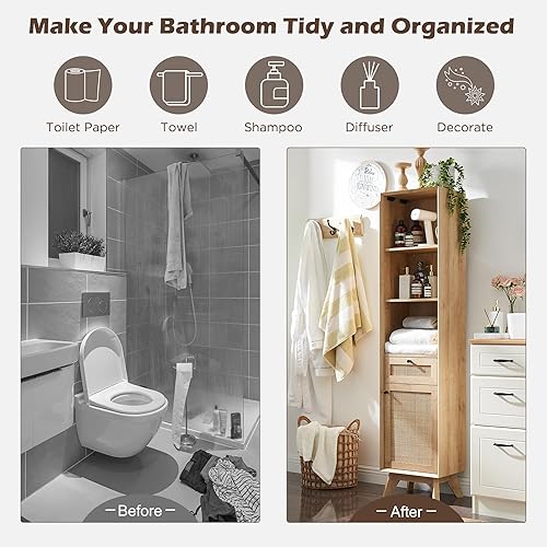 Miniatura 3 de OKD Gabinete de lino de ratán natural, 68 pulgadas de alto, moderno y bohemio con estantes ajustables y cajón de almacenamiento para baño, comedor,