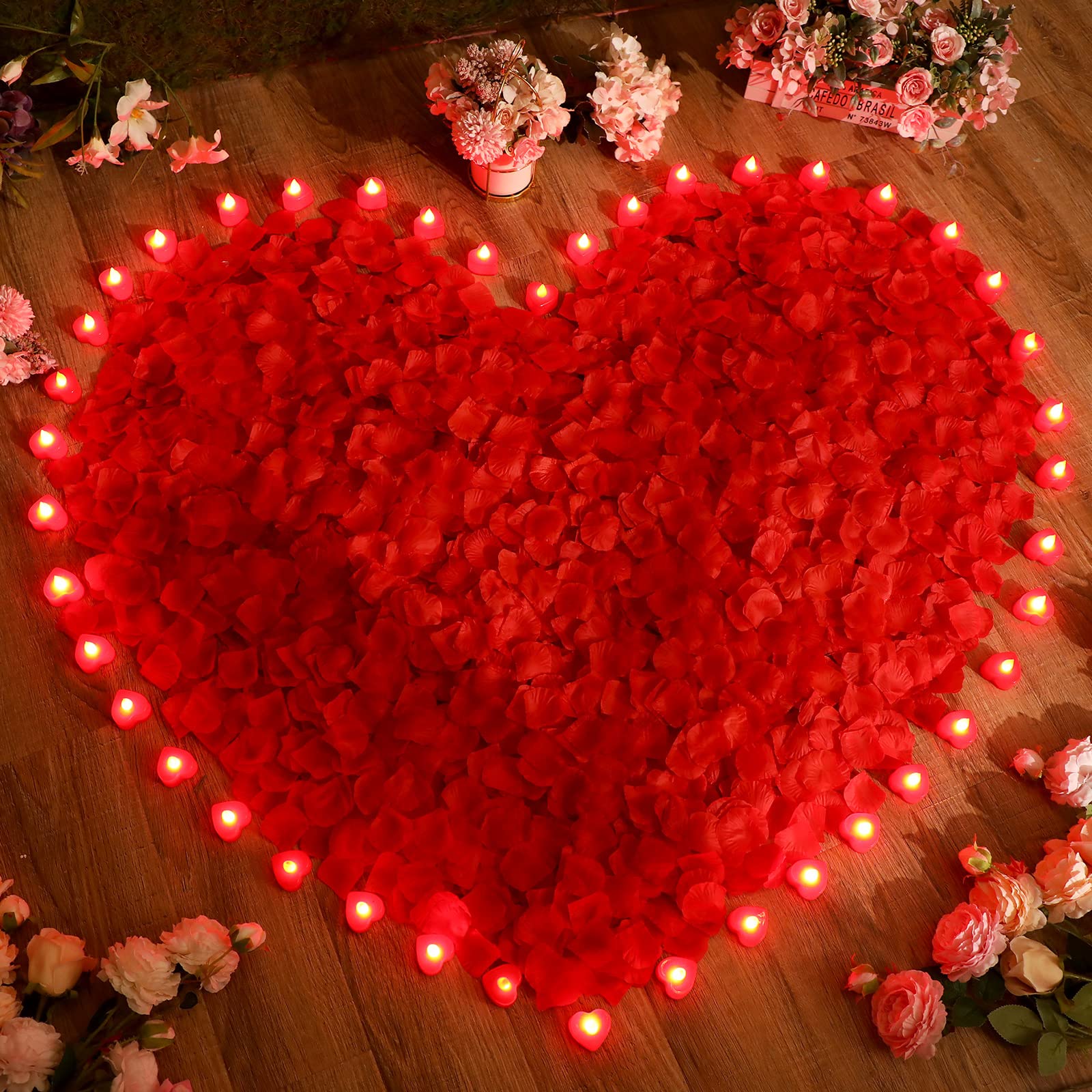Coume 6000 Pieces Artificial Rose Petal with 72 Pieces LED Tea Lights Candle Romantic Sweetest Day Decorations Rose Petal Heart Candle for Special Night Proposal Wedding Anniversary(Red Light)