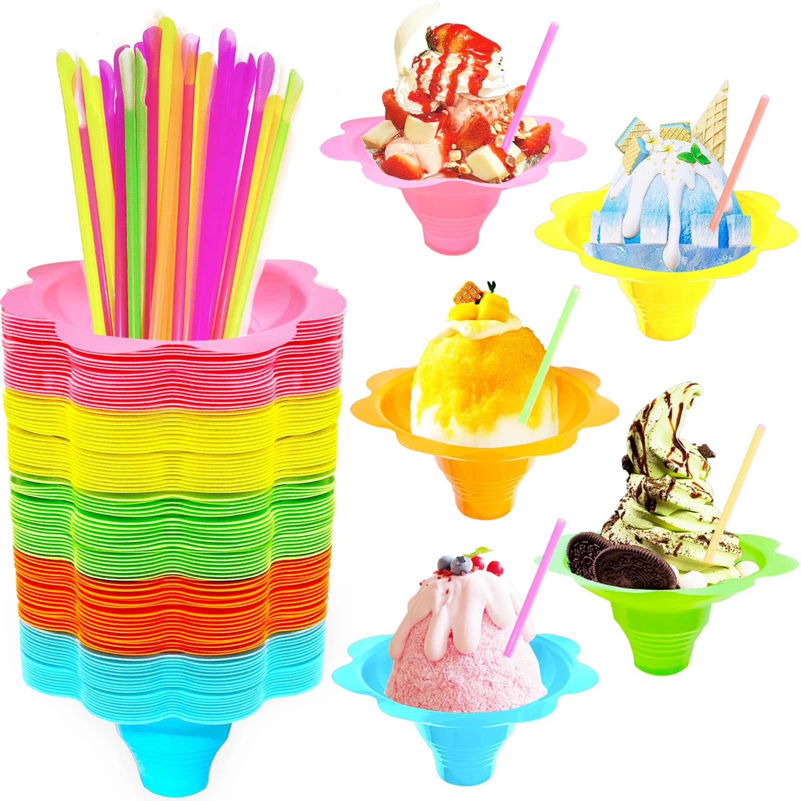 Photo 1 of Cmaqpw 200PCS 4oz Colorful Snow Cone Cups Set with 100Pcs Spoon Straws and 100Pcs Cups,Plastic Reusable Flower Shaved Ice Drip Cups Snack Ice Cream Bowls for Birthday Party,Holiday,Summer