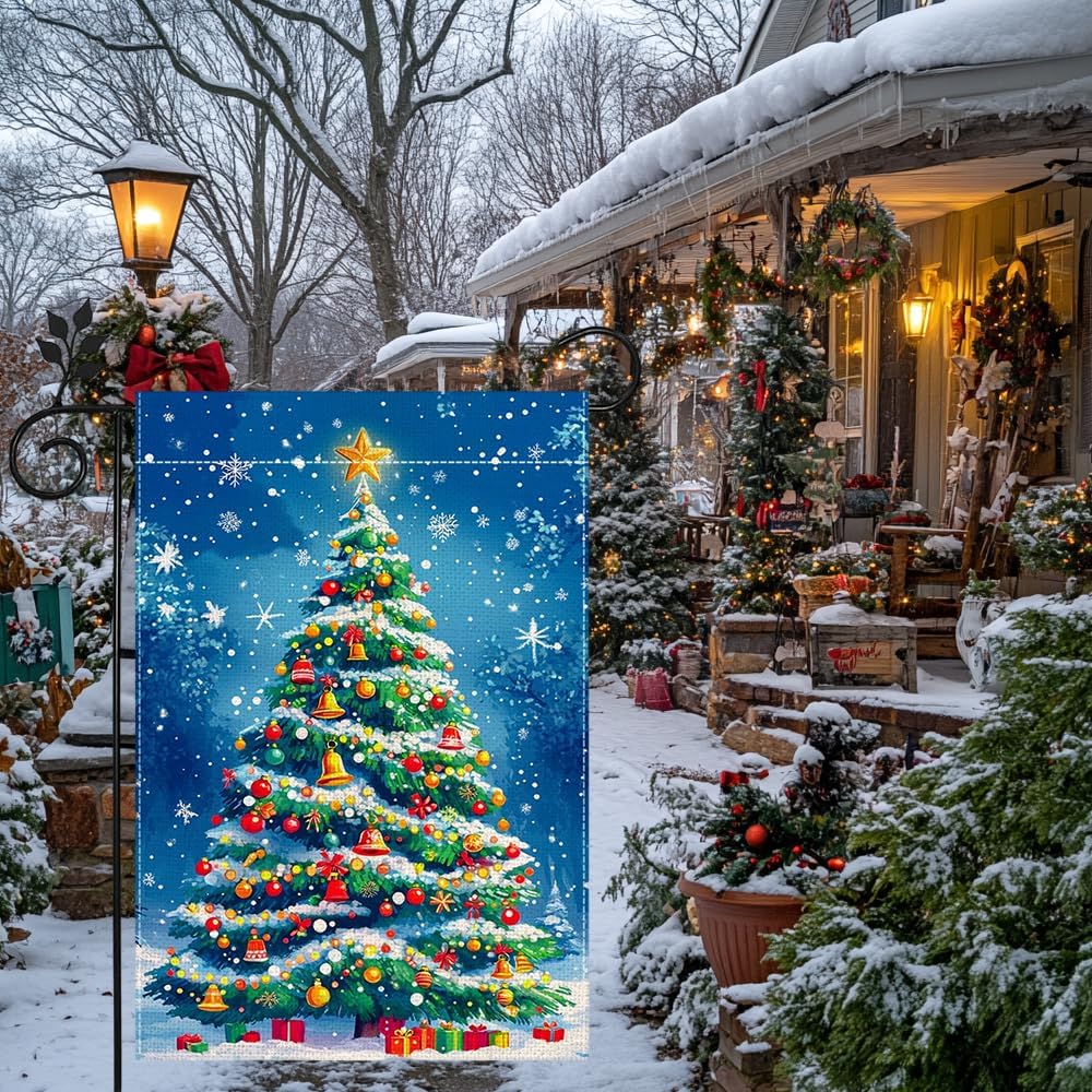 Winter Christmas Tree Garden Flag for Outside, Snowflake Xmas Ball Welcome Christmas Yard Flag 12x18 Inch Double Sided Burlap Holiday Farmhouse Home Decoration Outdoor Flag - Image 5
