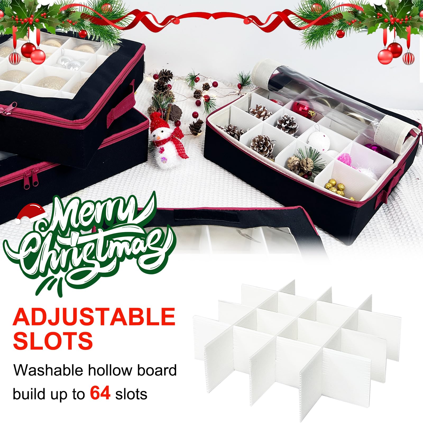 Caja de almacenamiento de adornos de bolas de Navidad con divisores, 4 organizadores plegables de decoraciones de Navidad con 2 asas y tapas para vacaciones (negro)