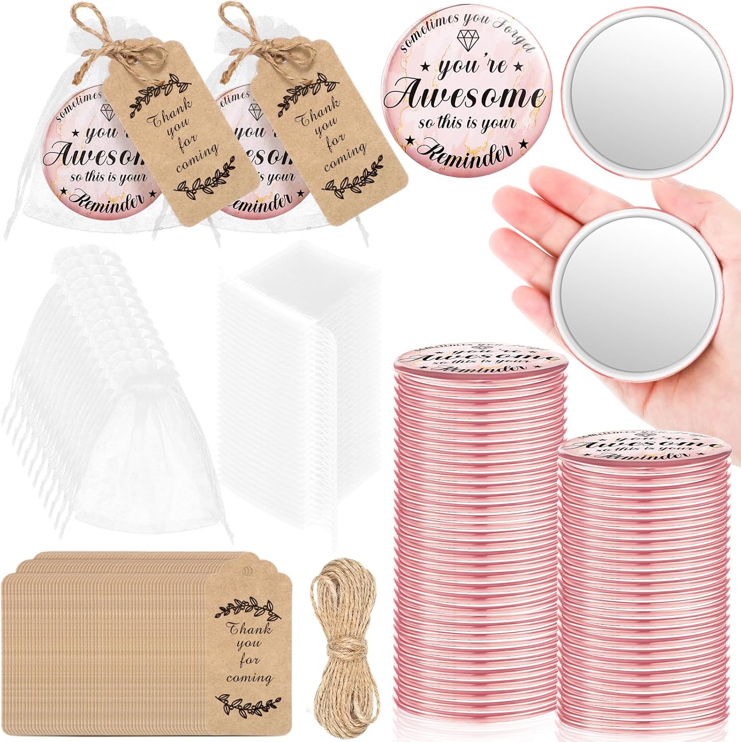 Tradder 50 Sets 2.76" Inspirational Compact Pocket Mirrors Bulk Galentines Appreciation Gifts Small Purse Makeup Mirrors Pink Souvenir Bags for Stuffer Items Women Quinceanera Employee (Awesome)