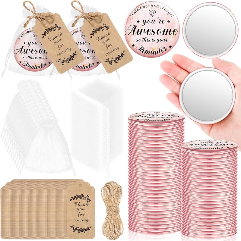Tradder Pacote com 50 espelhos compactos redondos com cartões e saquinhos de organza, acabamento Rose Gold