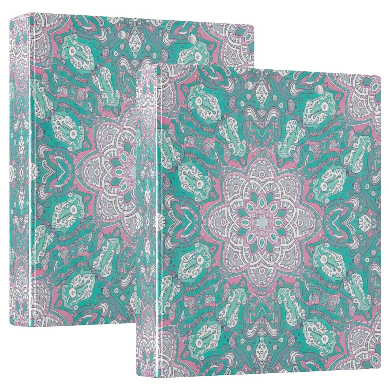 Confezione da 2 raccoglitori ad anelli con 3 anelli, motivo mandala, blu foglia di tè, con portablocco, grandi raccoglitori a 3 anelli, per scuola, università, ufficio