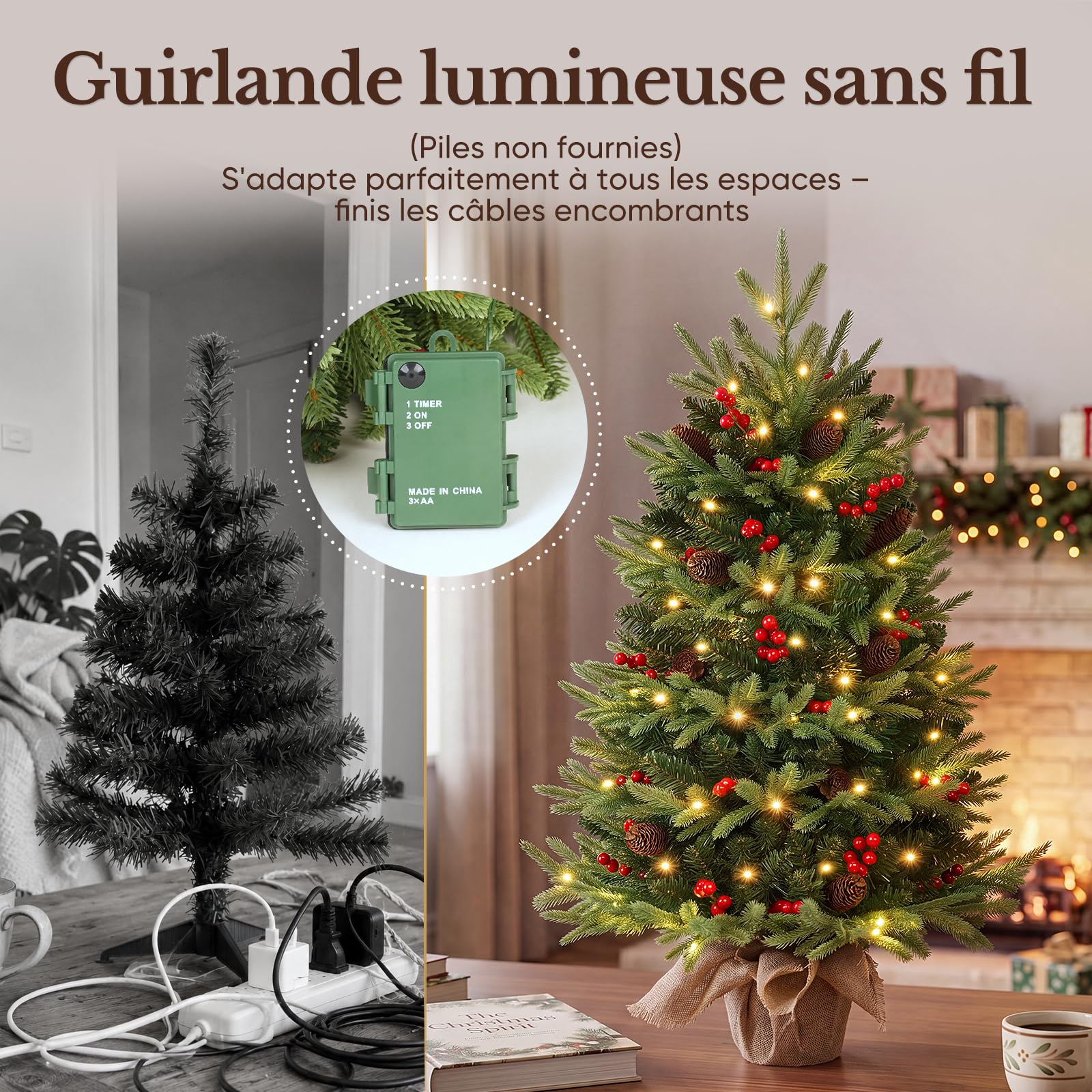 HOKEEPER Sapin de Noël artificiel de 90 cm avec LED et décoration | Sapin, aiguilles vertes en PVC, mini sapin de Noël, pommes de pin et baies, entièrement décoré