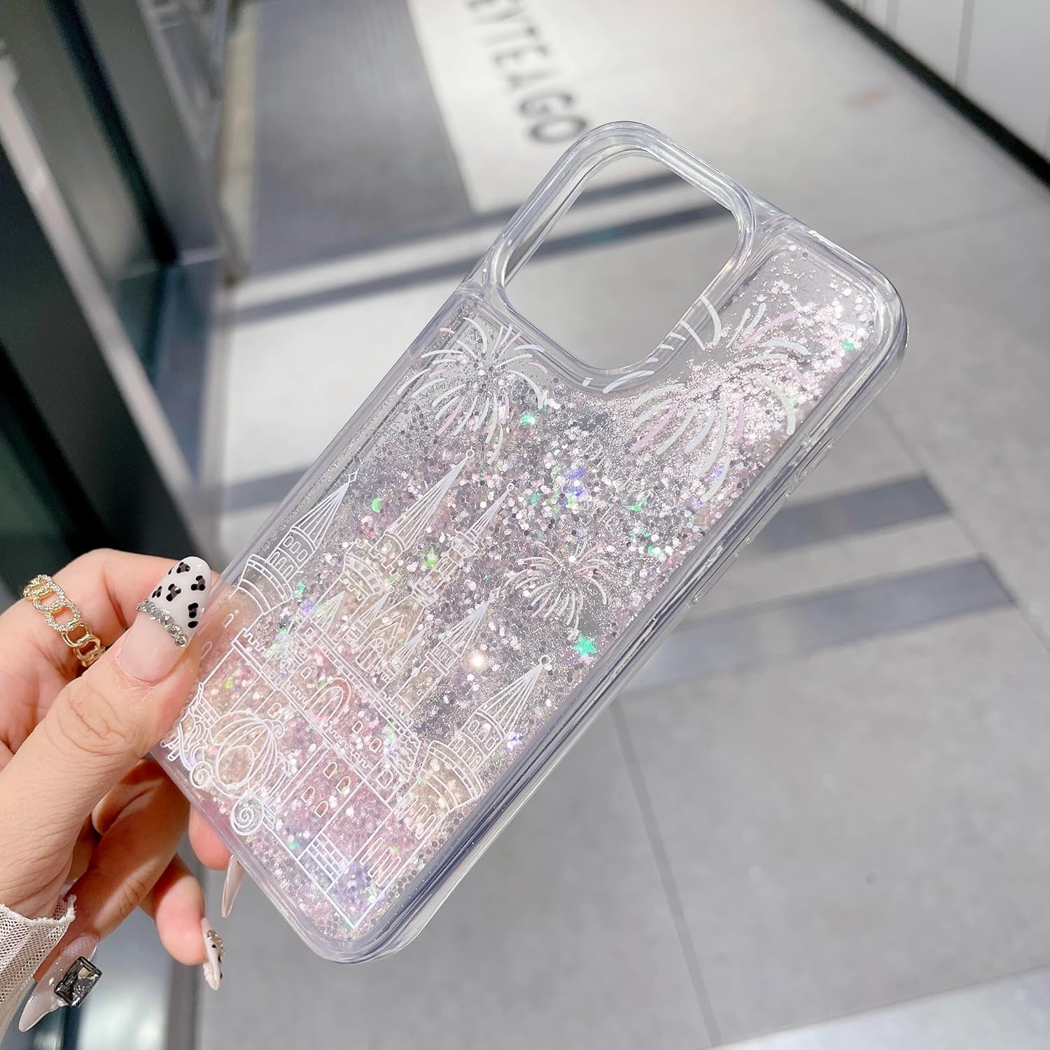 iFiLOVE for iPhone 13/14 Bling Liquid Castle Fireworks Case, Cute Luxury Sparkle Flowing Glitter Quicksand Shockproof Protective Case Cover for Girls Women Kids (Pink) - Image 5