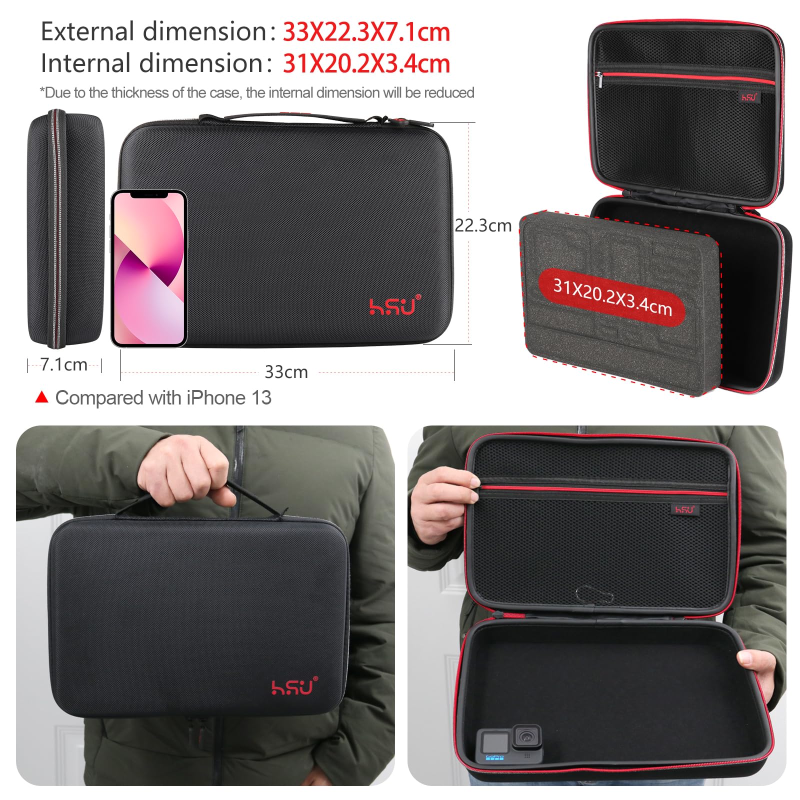 HSU Grande custodia per GoPro Hero 11, 10, 9, Hero 8, 7 Black, HERO6,5,4,+LCD, nero, argento, 3+, 3, 2 e accessori con maniglia interna completamente personalizzabile e anello per moschettone