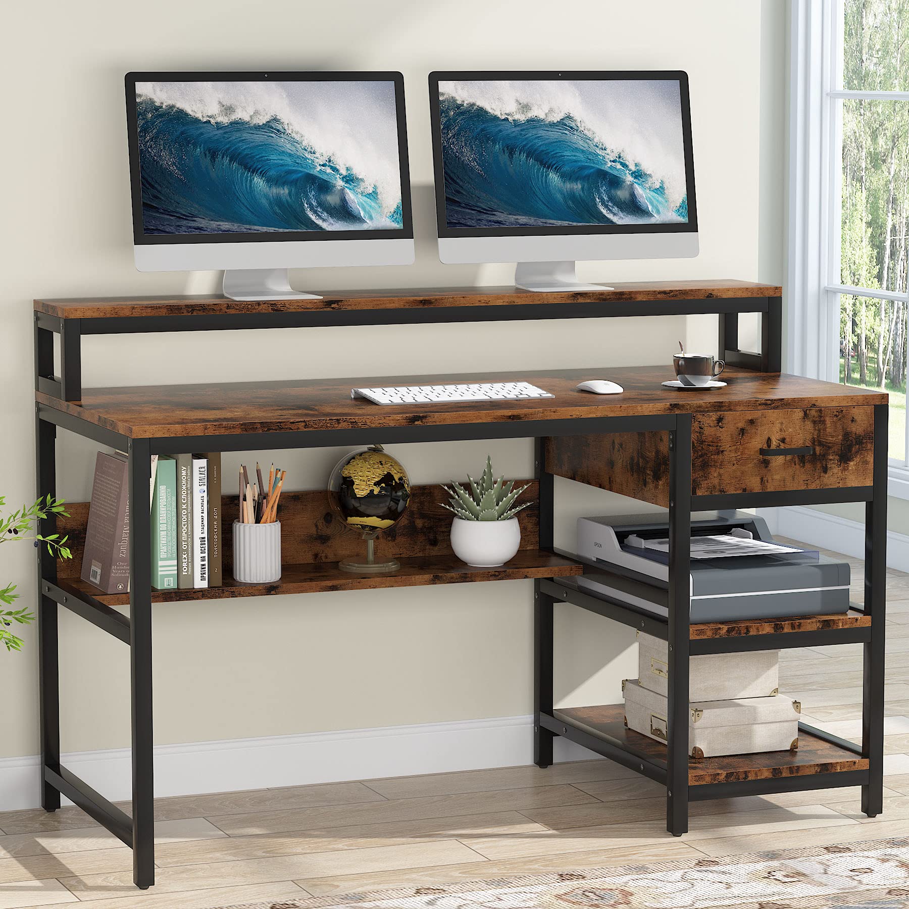 Buy Tribesigns Computer Desk with Monitor Shelf and Drawers, 55 inch