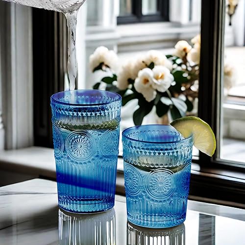 Miniatura 8 de Juego de 12 vasos de bebida vintage, vasos altos de 12 onzas y vasos de cristalería acanalados en relieve de 9 onzas para cóctel, agua, jugo, café,