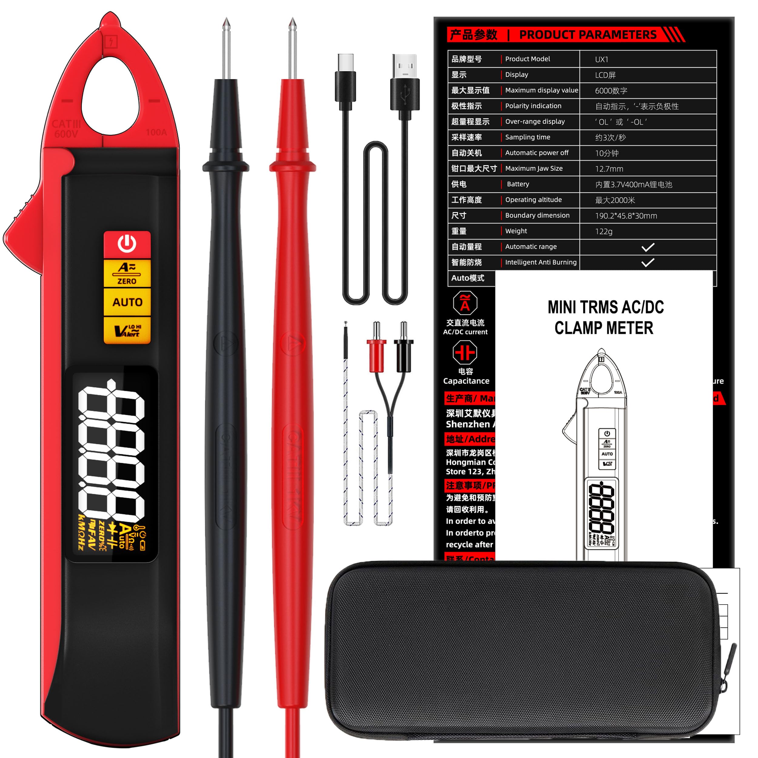 BSIDE UX1 Pinza Amperimétrica 1mA DC AC True RMS Pinza Corriente de Fuga para Automoción, Mini Multímetro Inteligente Recargable de Tensión Resistencia Capacitancia Diodos Temperatura y NCV