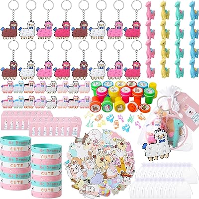 Seajan 162 Pcs Llama Birthday Party Favors for 16 Kids Include Keychain Ring Bracelet Stamp Erasers Sticker Bag Tags for Panda Sloth Butterfly Monkey Theme Birthday Baby Shower Party Decor