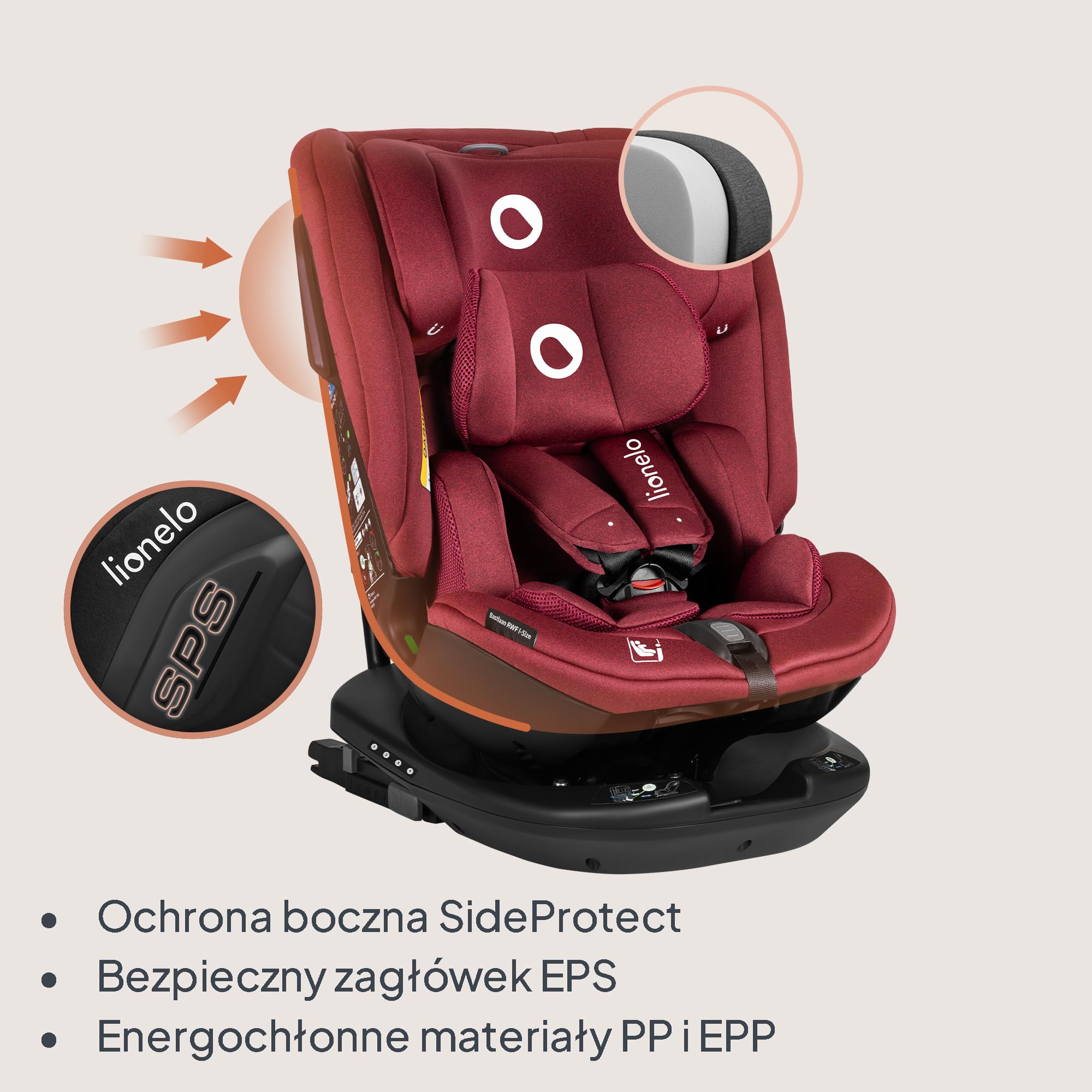 Lionelo Bastiaan RWF i-Size Isofix fotelik samochodowy dla dzieci w wieku 0-12 lat, zaawansowane standardy bezpieczeństwa i-size, obrót o 360°, ochrona boczna, opcja cofania, regulowany zagłówek i