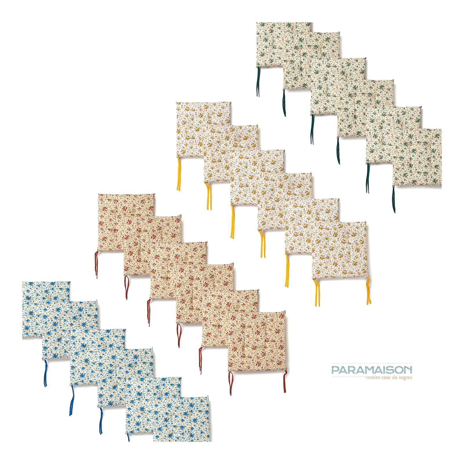 PARAMAISON Cuscini Sedia Provenzale 4 Punti, Fissaggio con Laccetti, Set da 6 pezzi, Imbottito, Non Sfoderabile, Fantasia Rossa, 40x40x3,5 cm