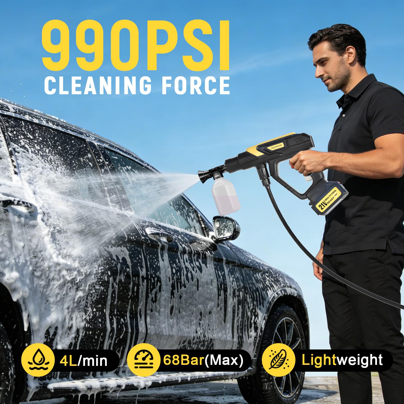 Hidrolimpiadora de Alta Presion 21V/68Bar/990PSI - 2X Batería 4000mAh - Set Completo 17 Piezas - Limpiadora Portátil Multiusos para Coche, Terraza, Jardín