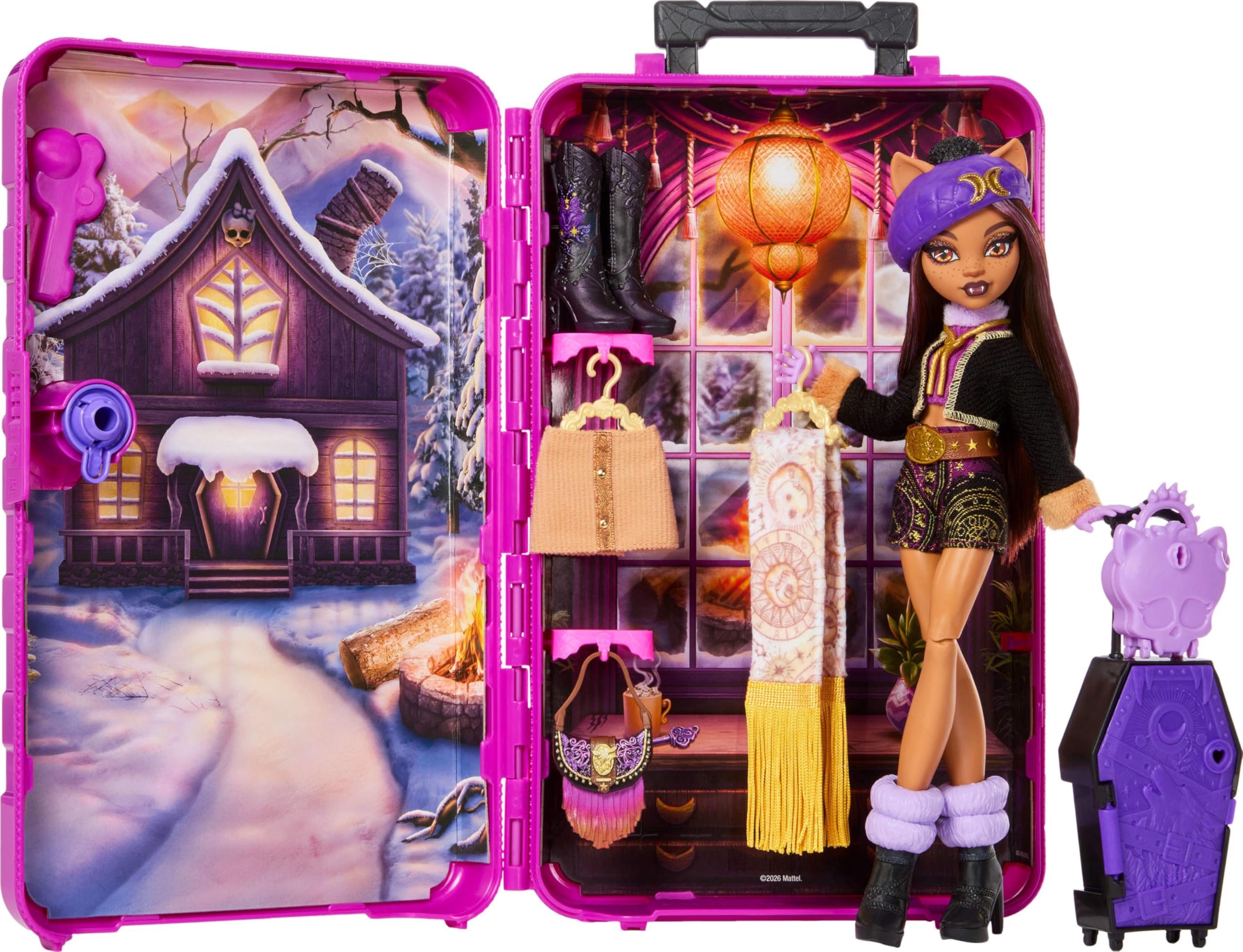 Monster High Monstrueux Secrets Coffret Clawdeen Wolf avec poupée et accessoires, destination : Chalet squelettastique, avec une valise et plus de 19 surprises (vêtements inclus), JMG65