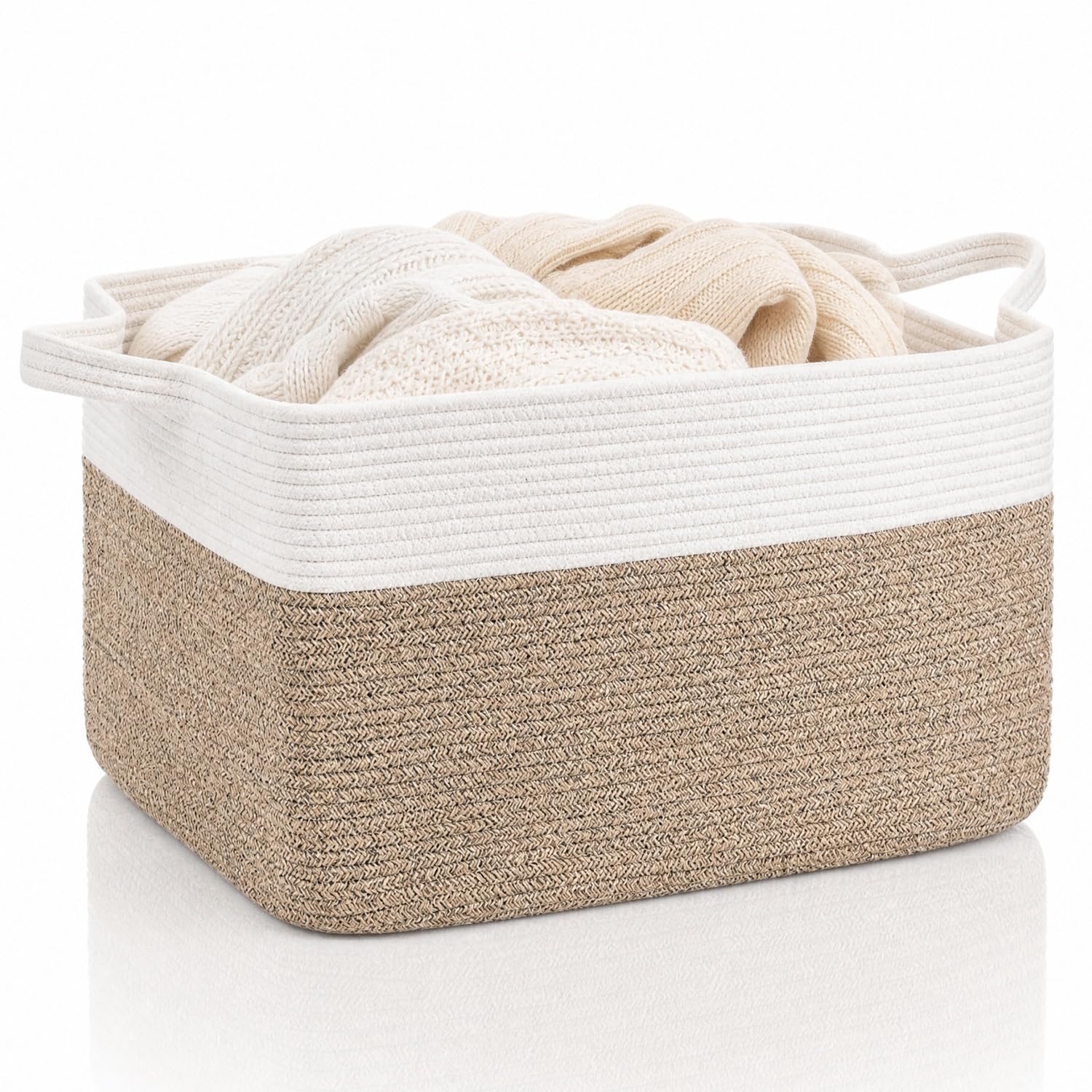 Xtrillogen 65L Large Collapsible Laundry Basket,Washing Storage Baskets,Woven Blanket Basket,Toy Storage Hamper,Cotton Rope Bin for Dirty Clothes,Laundry Hamper for Living Room & Bedroom(White&Brown) — image 1