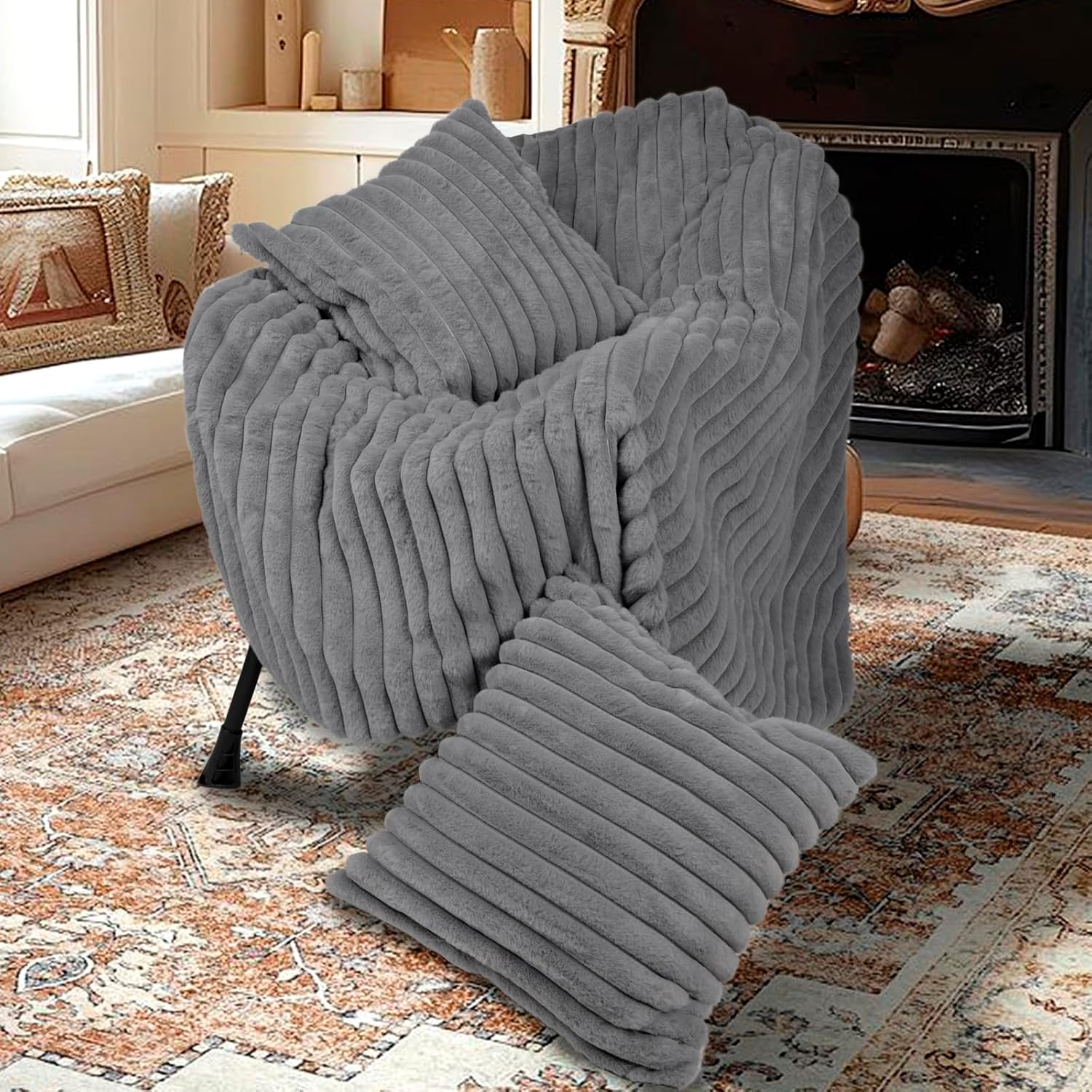 Blanket & Throw Pillow Covers Set - Dual-Sided Faux Fur Fluffy Blanket (50" x 60"), 2 Pcs Cozy Plush Throw Pillow Cover (18" x 18"), Soft Fuzzy Decorative Coach Decor for Bed Sofa Living Room, Gray - Image 7