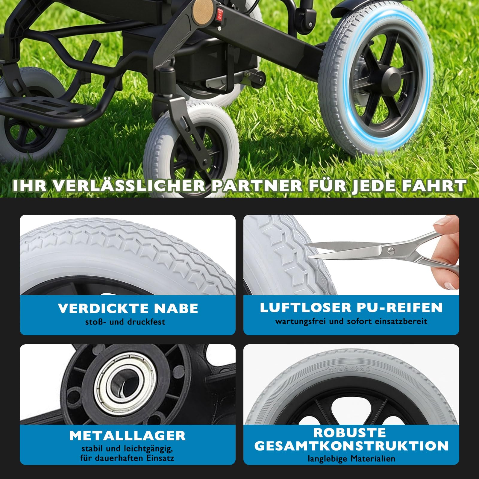 2 Stück 12 Zoll (30 cm) Rollstuhl-Hinterräder mit PU-Reifen – Luftlose Feststoffräder als Rollstuhlzubehör zum Austausch, Farbe: Grau