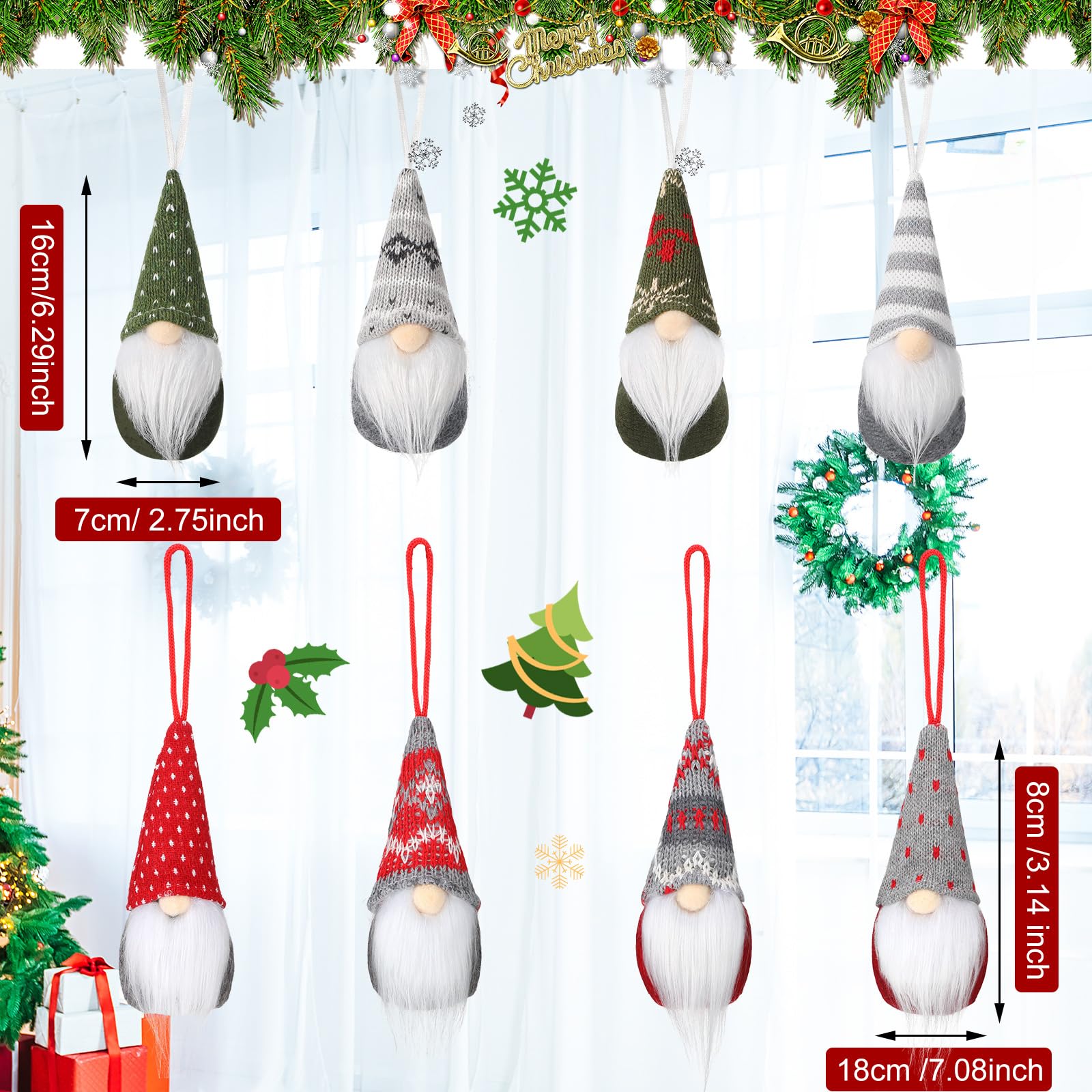 Skylety Christmas Ornaments Doll Christmas Tree Hanging Ornaments Handmade Swedish Tomte Decorations Plush Scandinavian Santa Hanging Dolls for Christmas Holiday Party Decorations(16 Pieces)