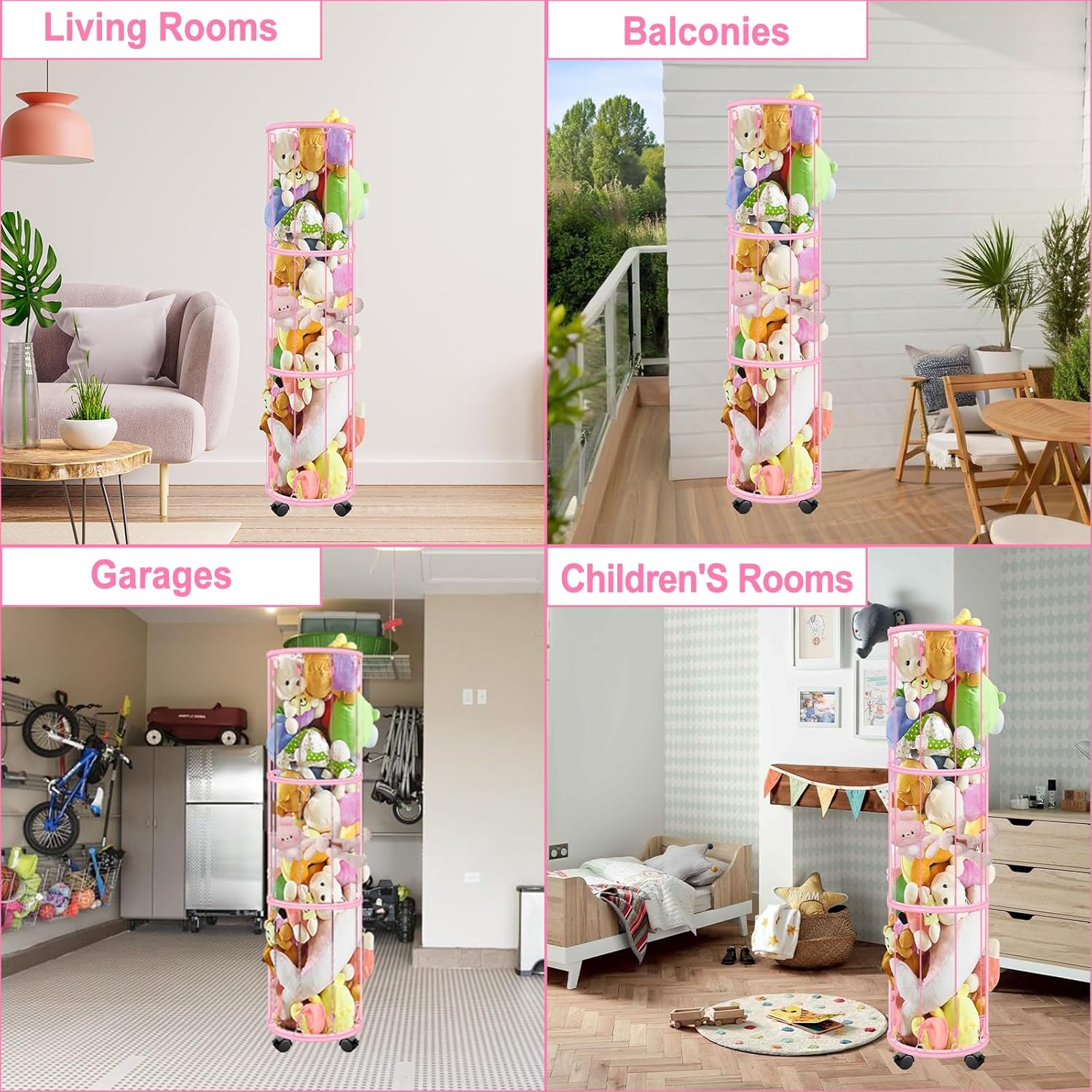 Stuffed Animal Storage with Wheels, 3 Layer Tall Vertical Metal Toy Organizer with Elastic Cords, Zoo Toy Holder Wall Mount, kids Plushies Box for Nursery, Toddler Rooms, Playroom, Bedroom Decor(Pink)