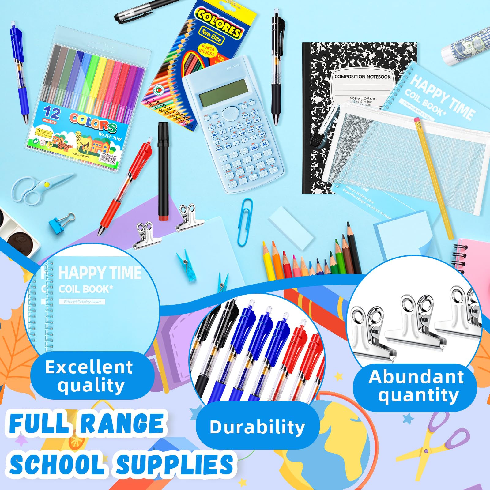 Kit de fournitures pour la rentrée scolaire pour la 7e à la 12e année avec cahiers, dossier, calculatrice, stylos, crayons, notes adhésives et fournitures d'organisation d'étude