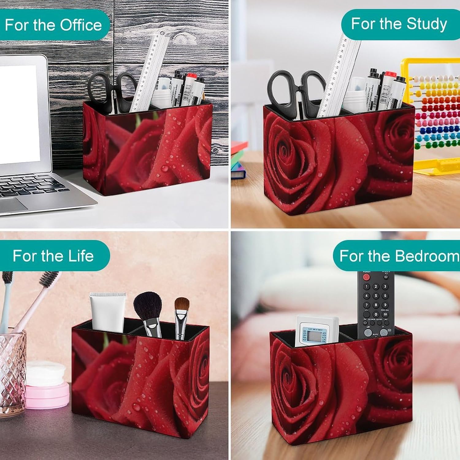 Pen Holder for Desk Pencil Holder Makeup Brush Holder Red Rose Pen Cup Desk Accessories Pen Organizer Pencil Cup Holder Office Stationery Organizer image 4
