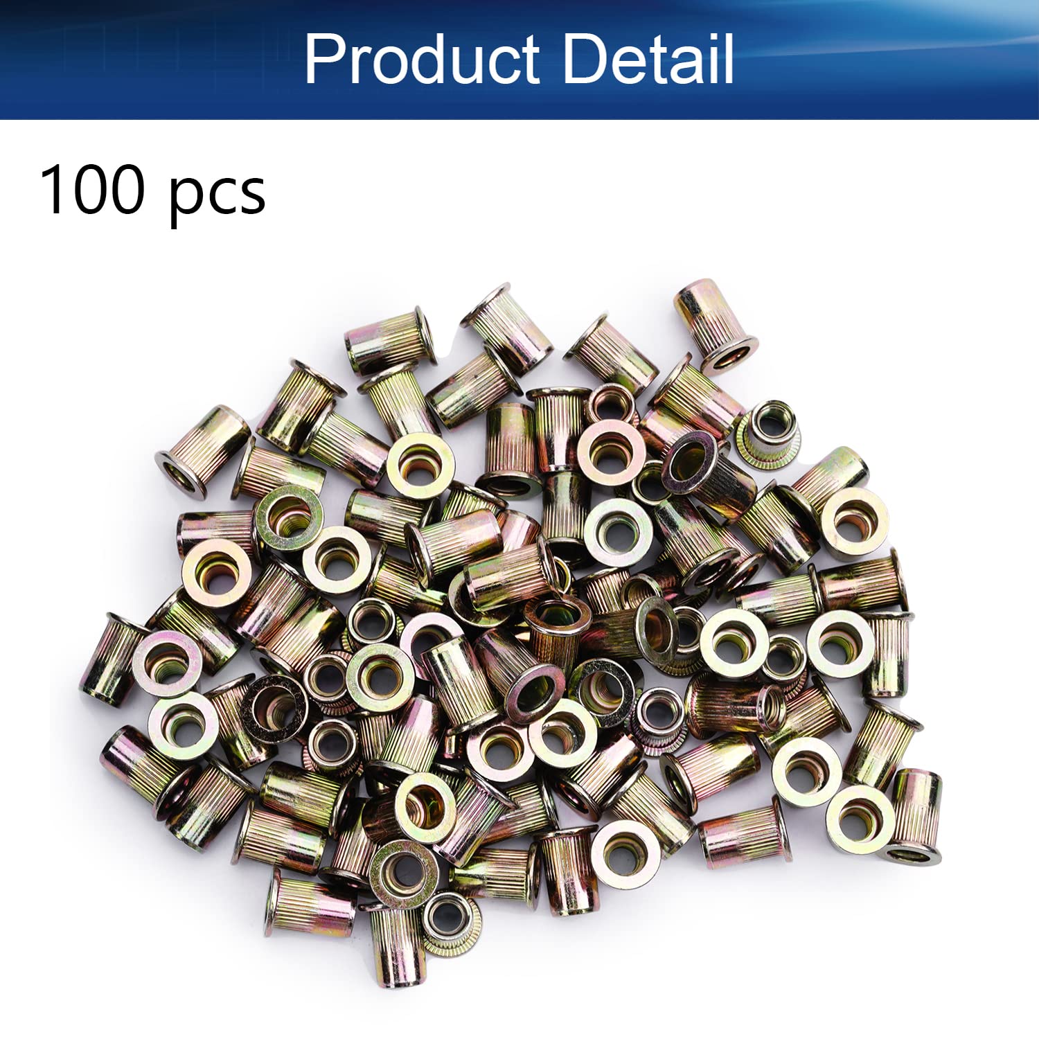 Yinpecly M6x15mm Rivet Flat Head Threaded Insert Nut Carbon Steel Knurled Body Color-Zinc Plated, for Automotive, Furniture, Decoration and Domestic Applications 100Pcs