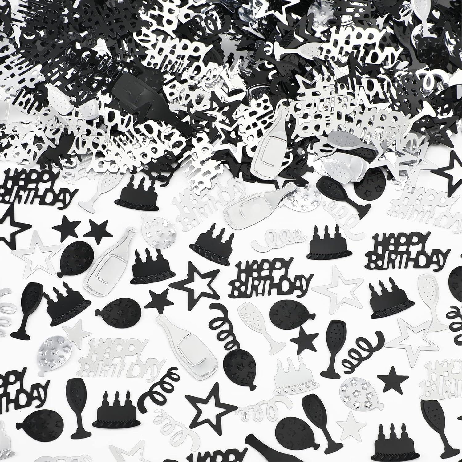 3000 PCS Black Silver Happy Birthday Confetti Black Silver
