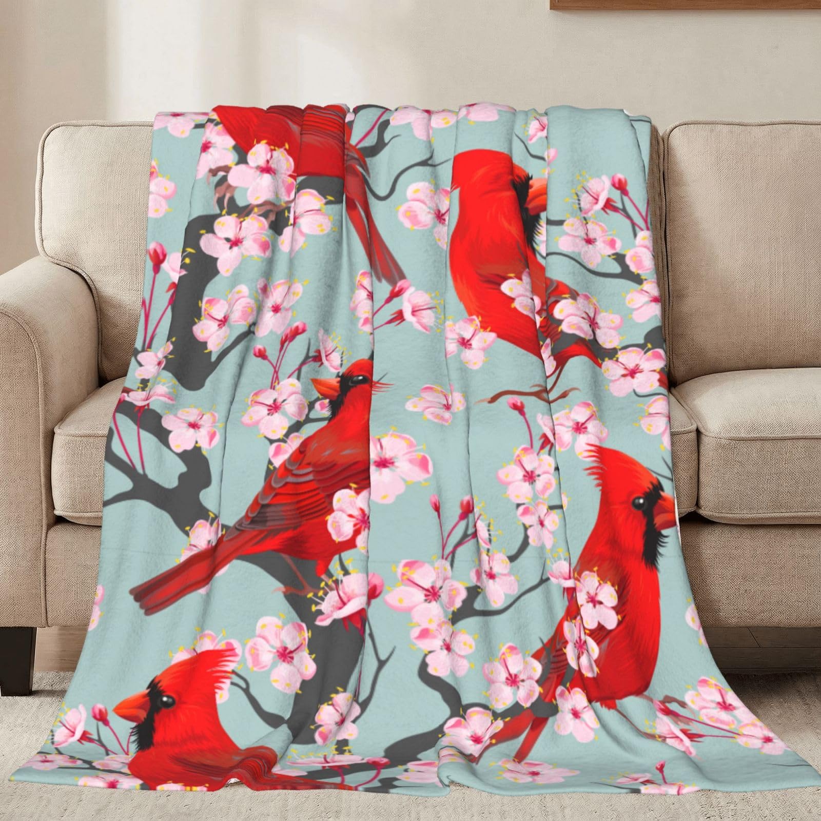 Jbofyee Red Cardinal Birds and Flowers Throw Blankets All Season Ultra Soft Warm Fleece Blanket for Home Bed Sofa Couch Chair Outdoor Travel Camping